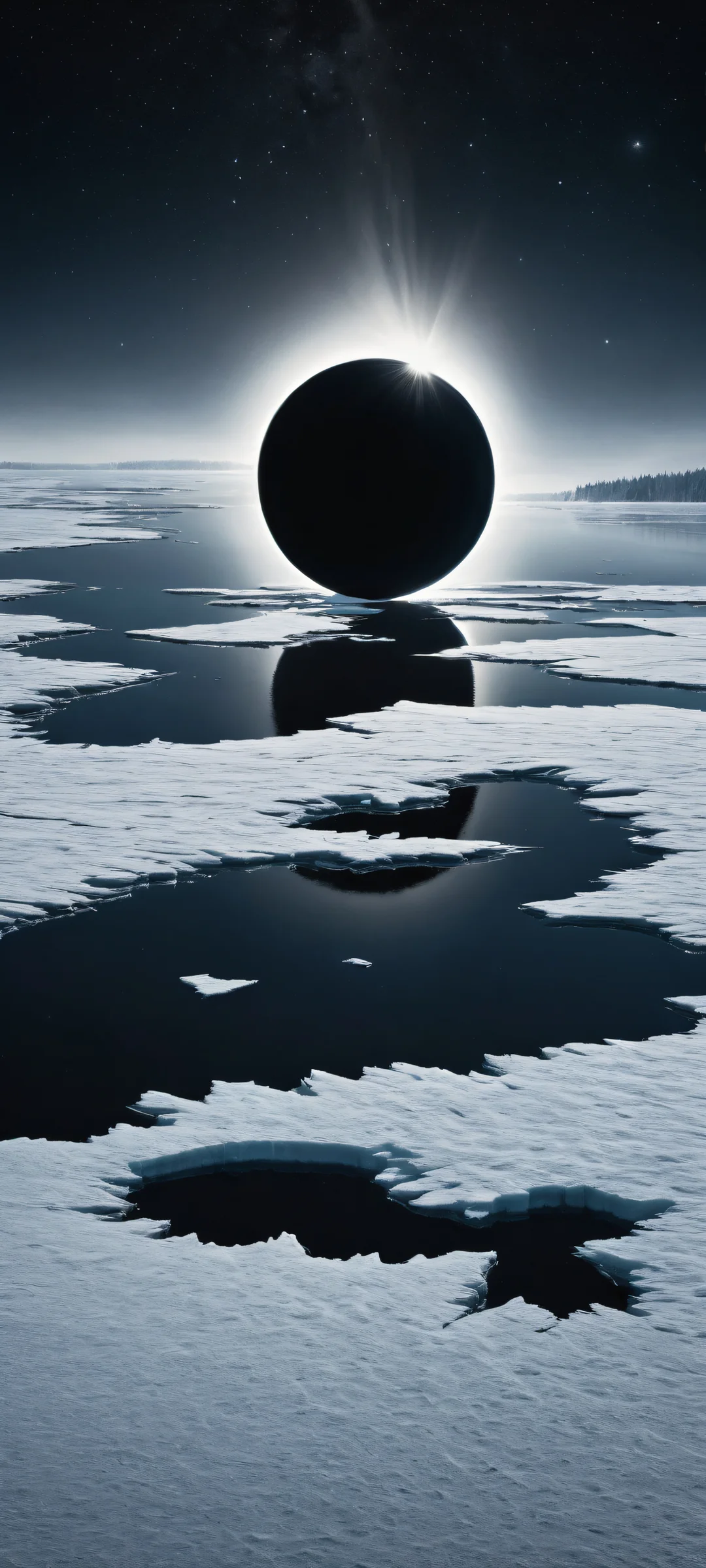 Midnight Eclipse 2K Phone WallpaperParfaitement optimisé pour les écrans d'accueil iPhone et Android Breathtaking digital artwork of a massive black eclipse radiating pale-white corona on a frozen lake surface. Perfectly optimized for iPhone and Android home screens.