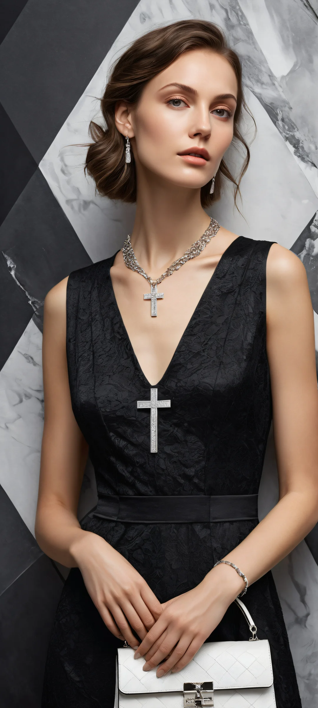 A stunning vertical portrait of a woman in black dress and accessories, perfekt optimiert für iPhone/Android-Startbildschirme.