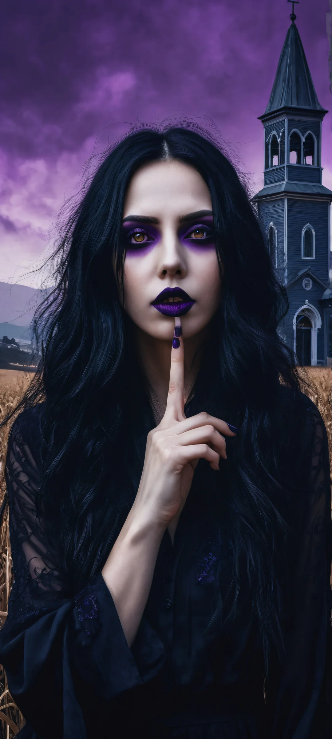 A gothic woman poses with her finger to her mouth, obscured by a glitched censor bar. iPhone and Android devices can adorn their screens with this breathtaking portrait artwork.