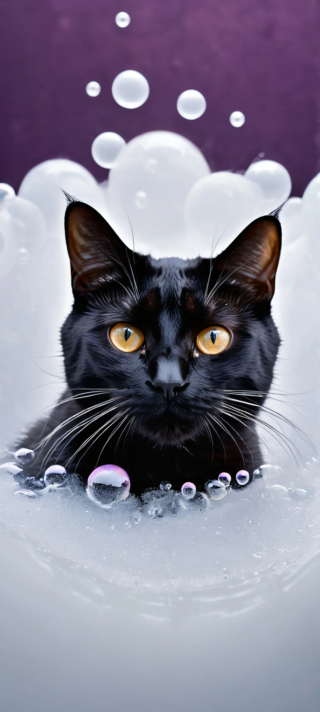 A black cat's nose and fur peek out of a foamy bubble bath on an empty void background, perfect for iPhone or Android home screens.