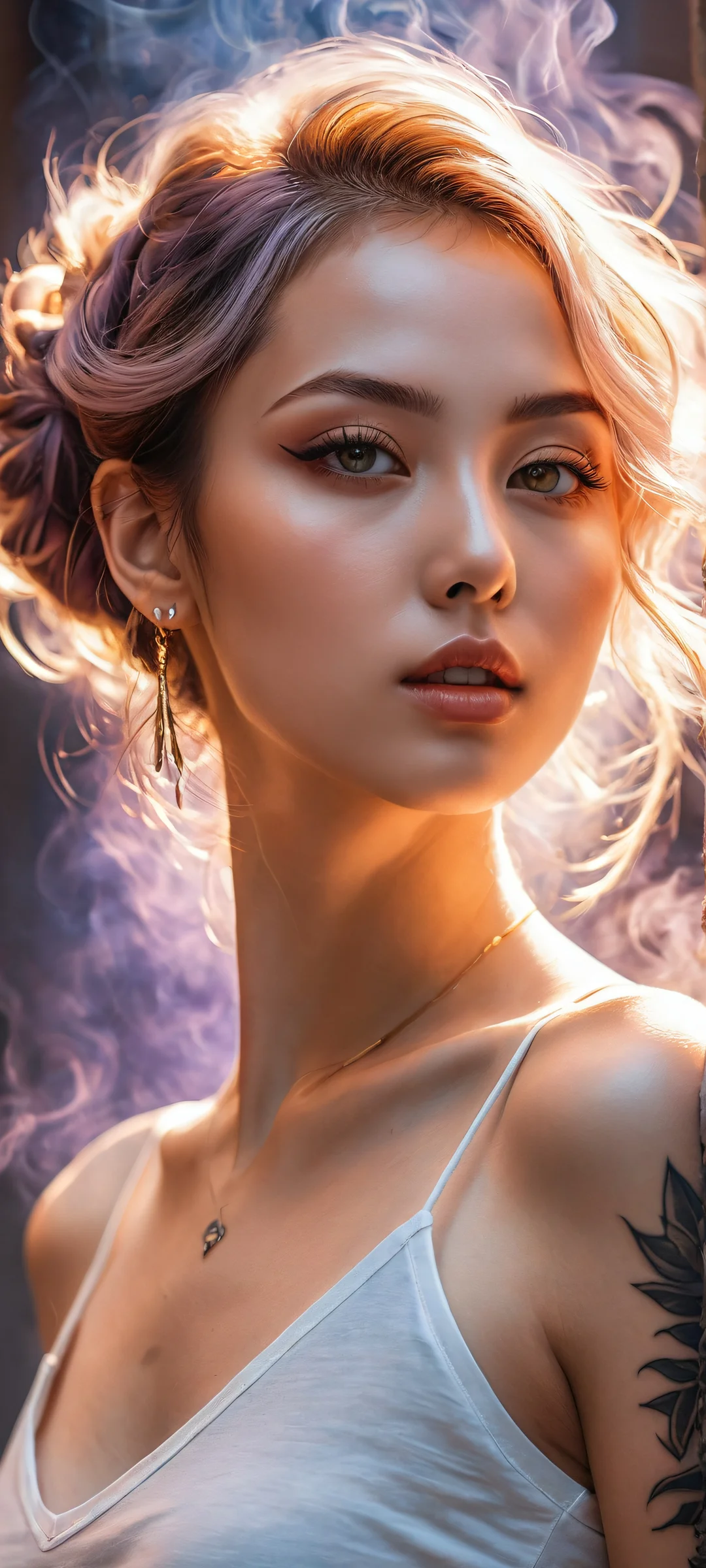 Anime girl portrait with intricate details and piercing gaze, set against a vast pure void on iPhone/Android.
