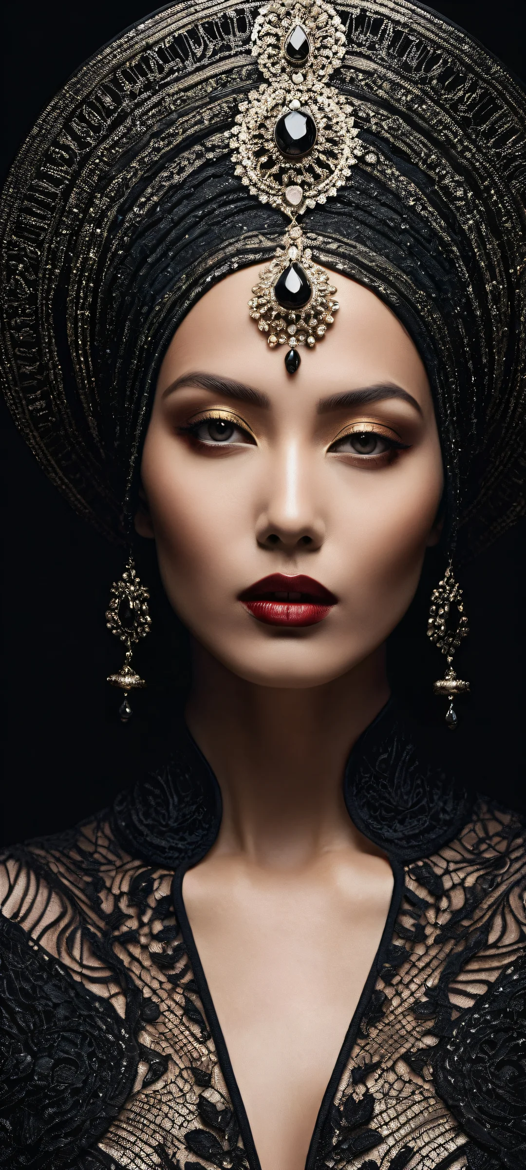 A mysterious woman's portrait with intricate details and textures on iPhone/Android home screens