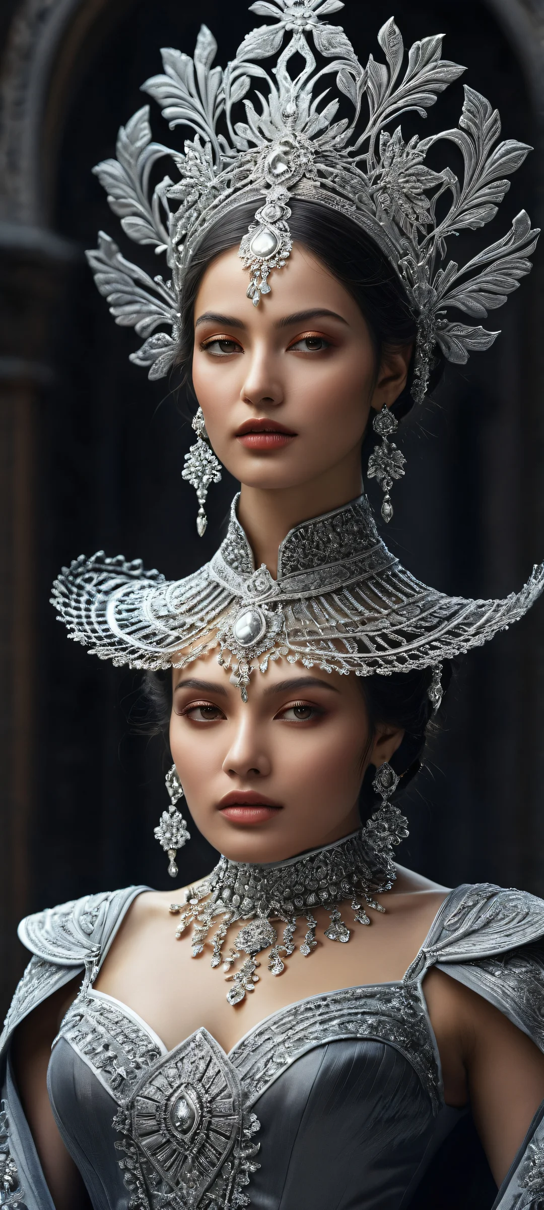 iPhone and Android portrait wallpaper of a woman in fantasy outfit with intricate details and soft low-light illumination.