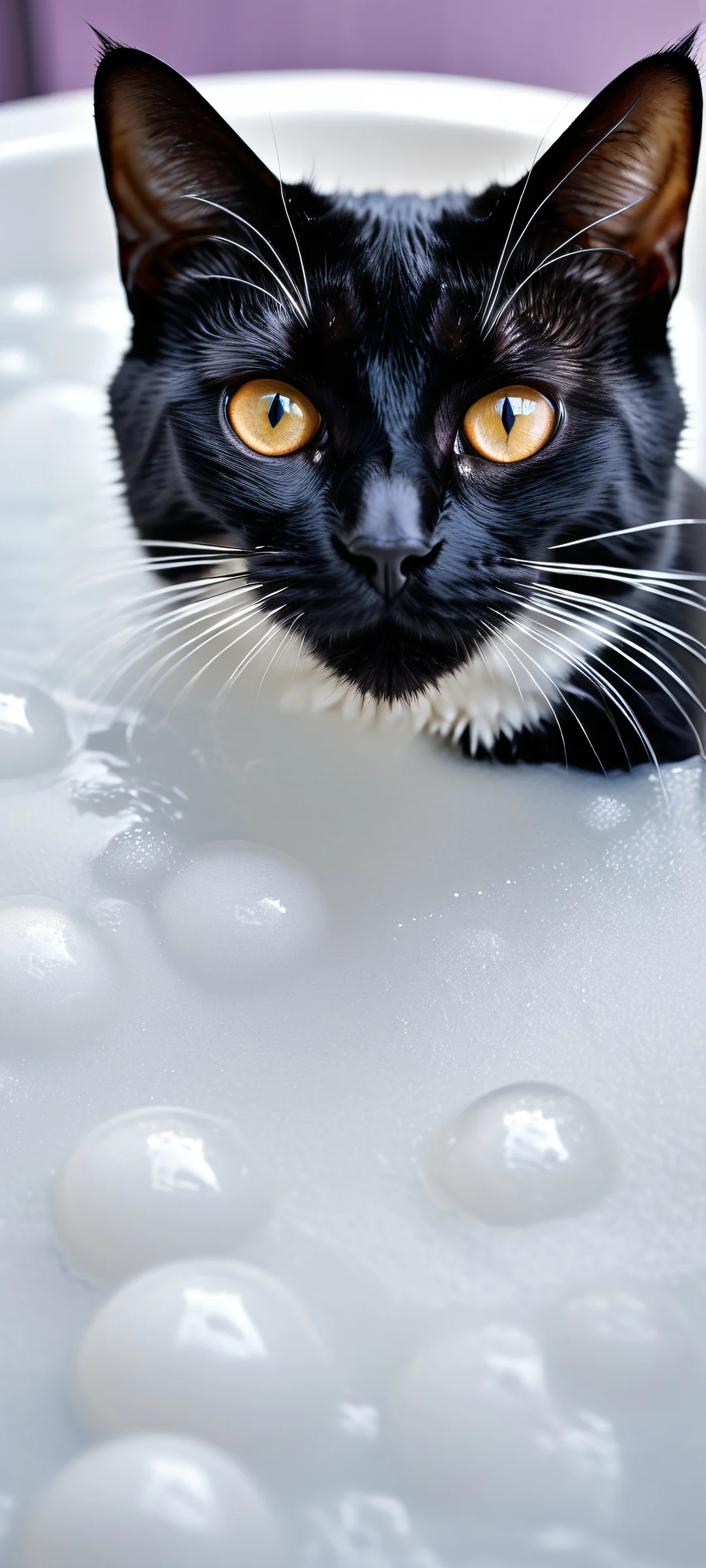 A serene black cat emerges from a sea of white bath bubbles on an iPhone or Android phone, with stunning clarity and textures.