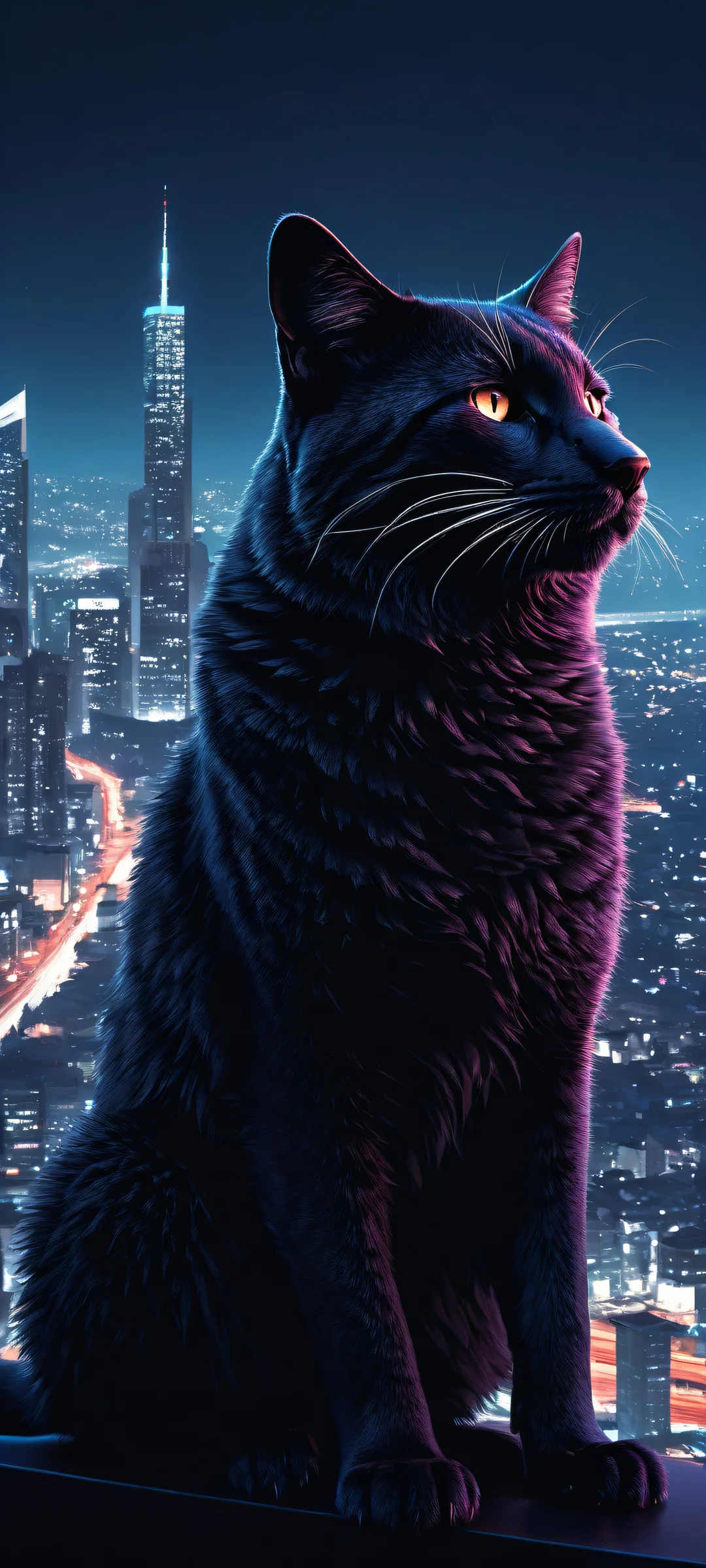 Anthro furry character in a dark void with cityscape in the distance, perfekt optimiert für iPhone- und Android-Startbildschirme.