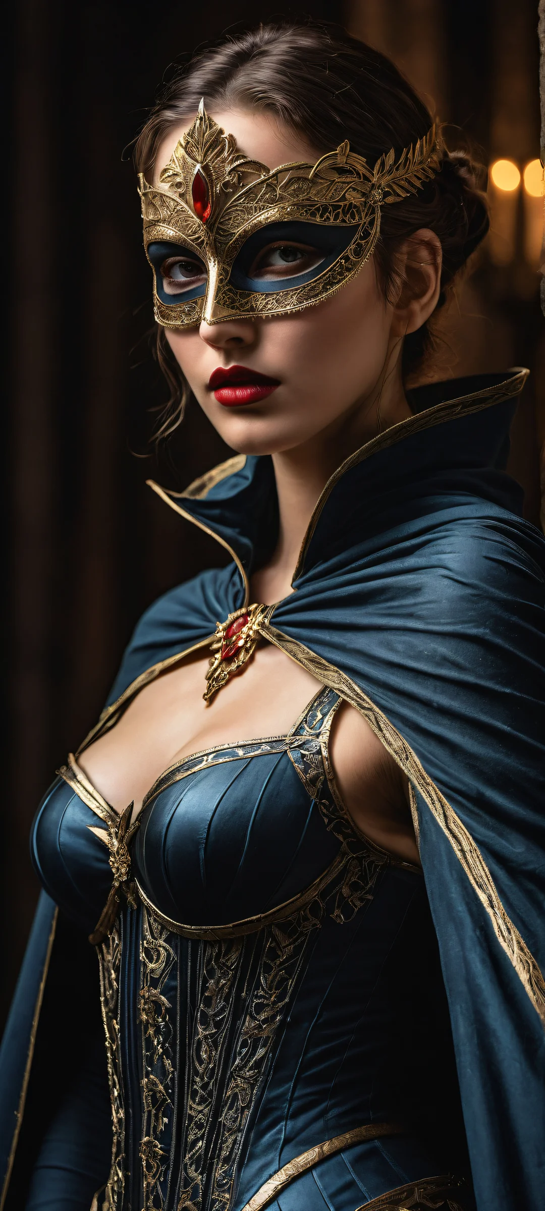 A masked heroine stands from the side, iPhone/Android-ready artwork with insane micro-details and deep, dark mode aesthetic.