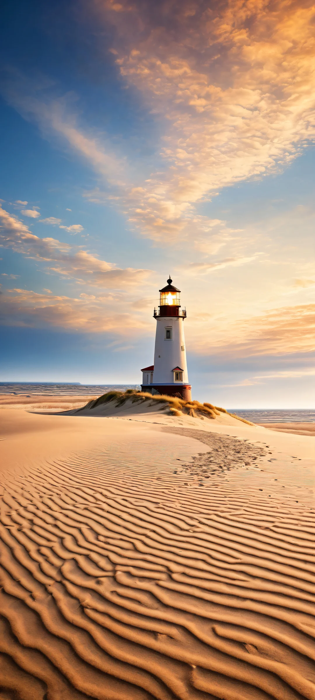 A majestic lighthouse stands tall on a peaceful midnight desert landscape with iPhone/Android in the background.