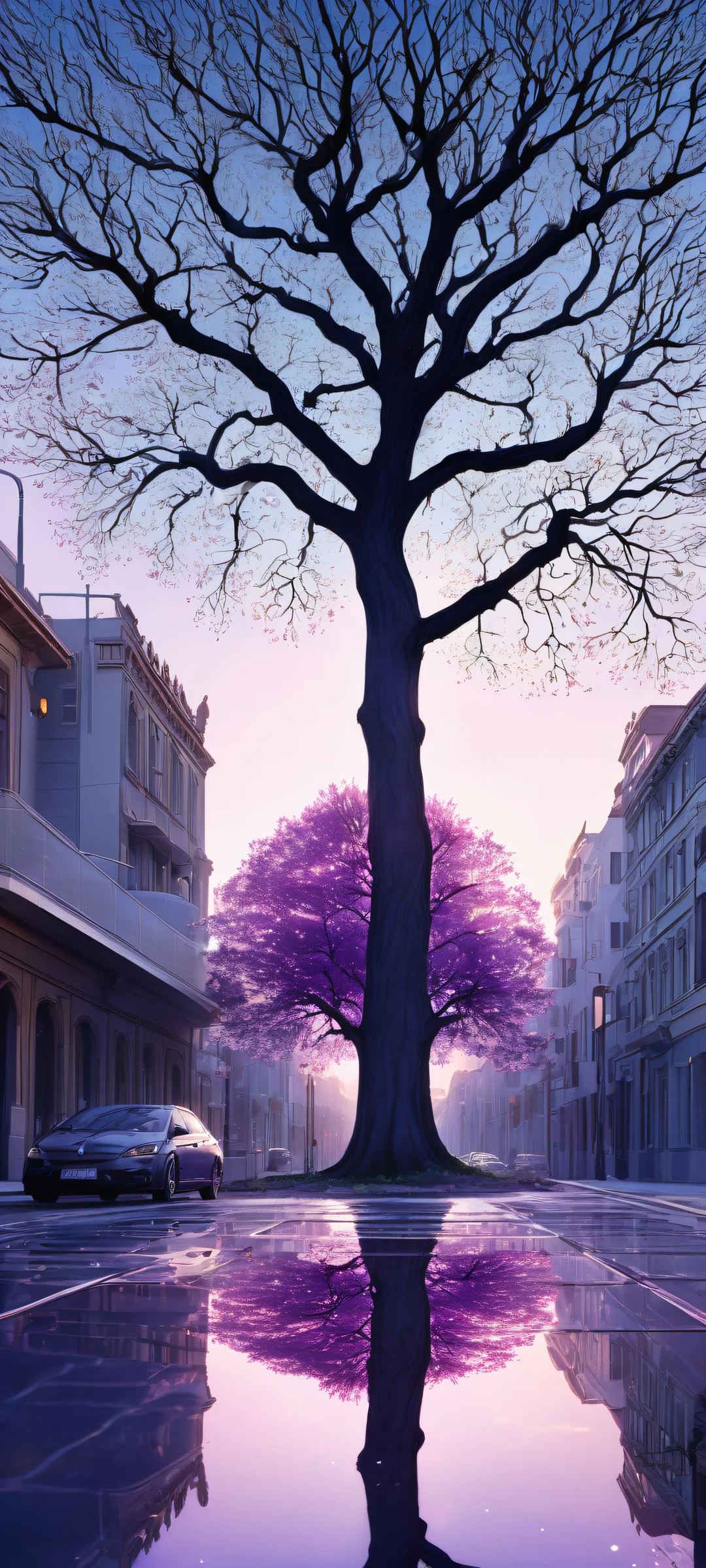 iPhone/Android mobile wallpaper featuring a majestic tree and urban scenery, shrouded in an otherworldly glow.