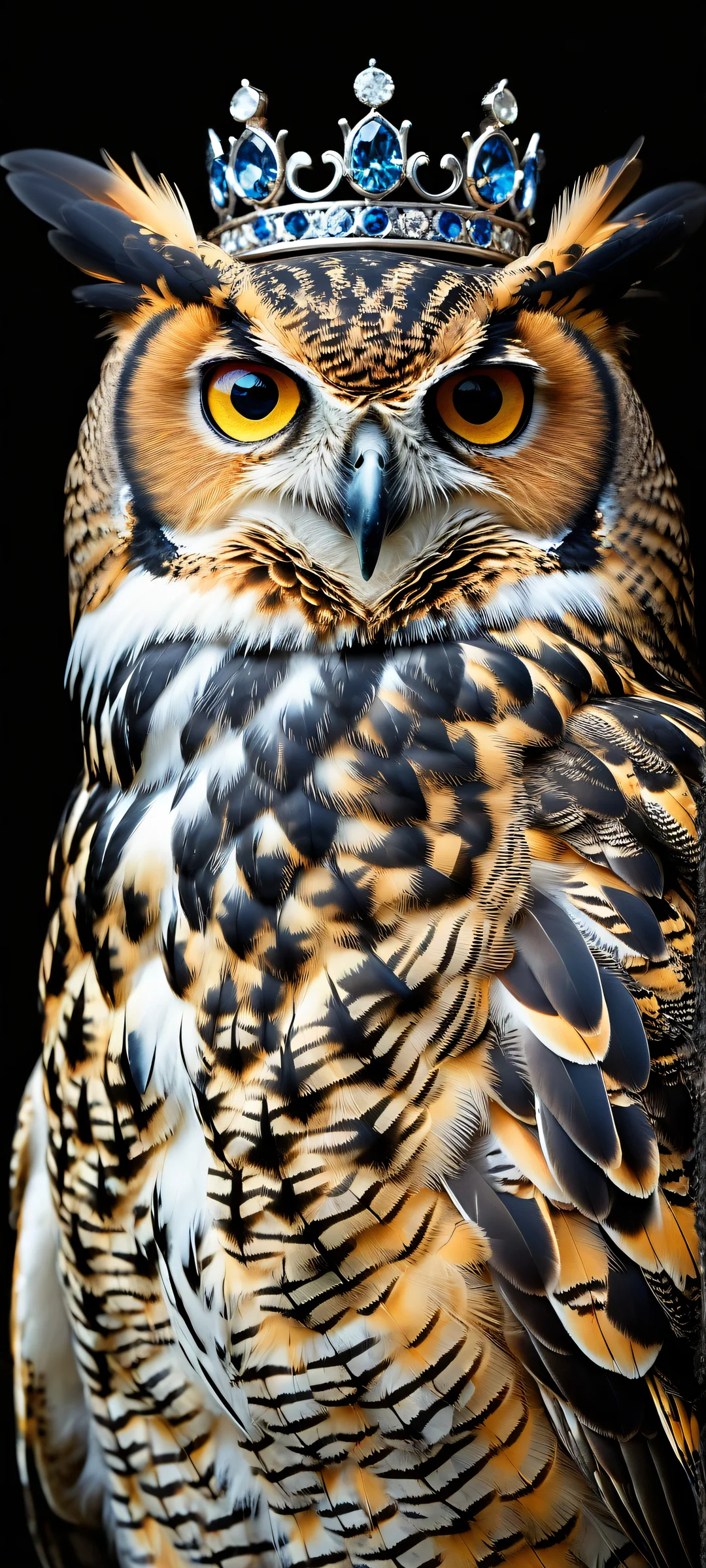 A majestic great horned owl wearing a blue diamond crown and comedian icon studded gems, perfectly placed on a dark city sidewalk with trash can and penguin's shocked expression. Suitable for iPhone/Android home screens.