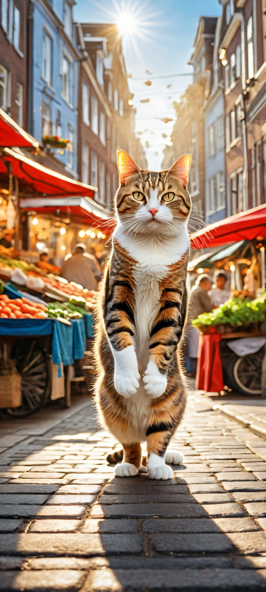 A determined tabby cat holds a shiny silver fish amidst the bustle of a Dutch street market on an iPhone or Android.