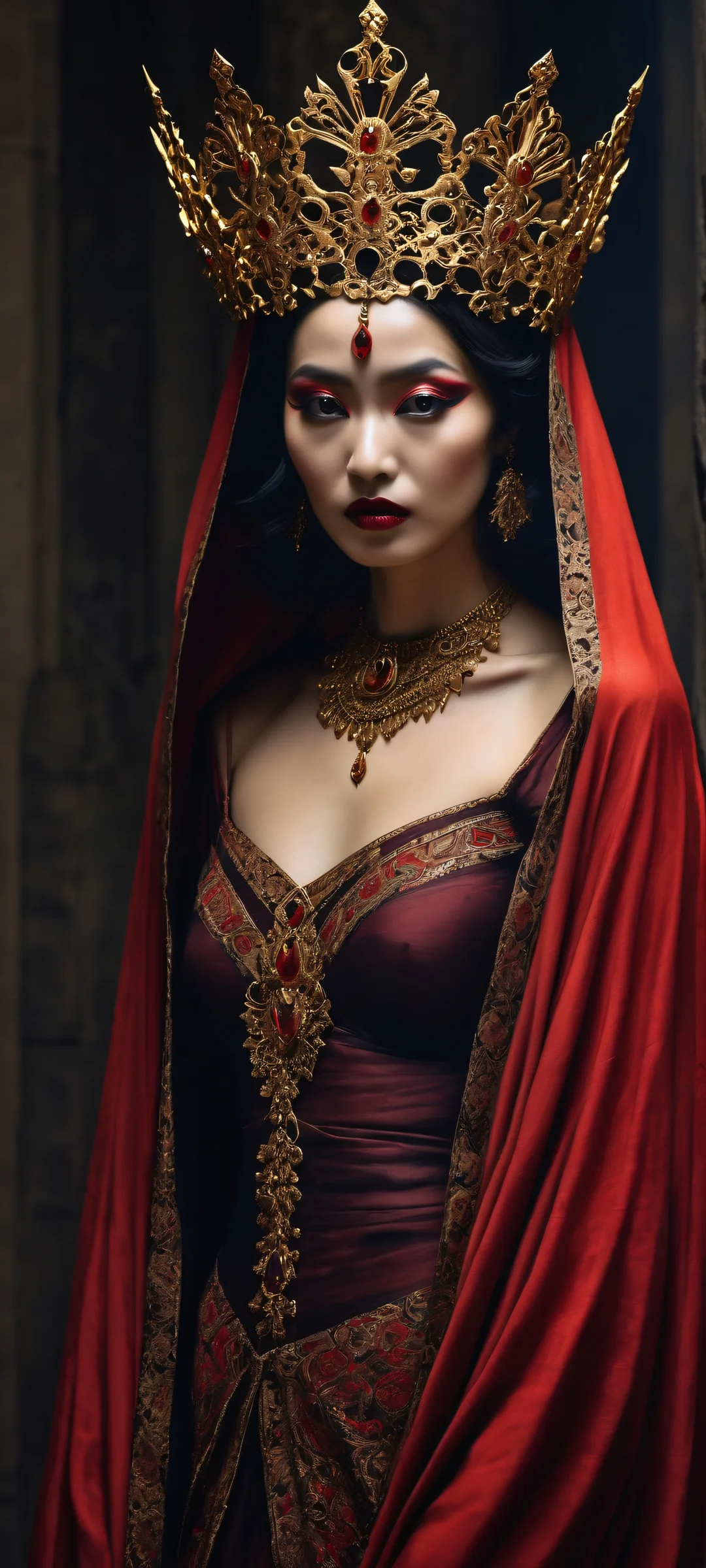 A dark and foreboding gothic artwork of a figure in crimson robes, with masked figures in the background. Perfectly optimized for iPhone and Android home screens.