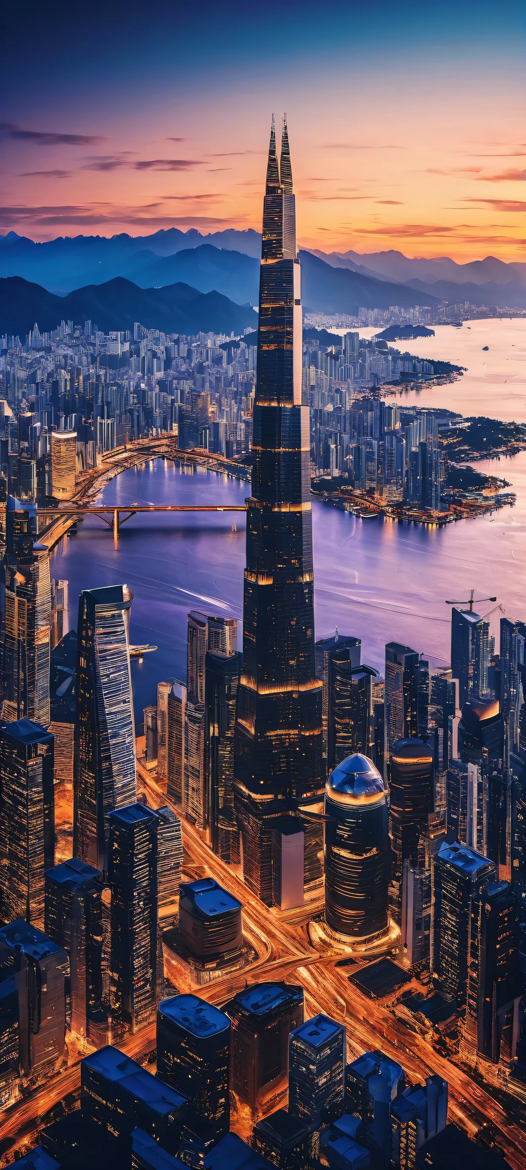 A majestic city structure on a iPhone or Android home screen, with perfect void for UI and breathtaking cityscape at dusk.