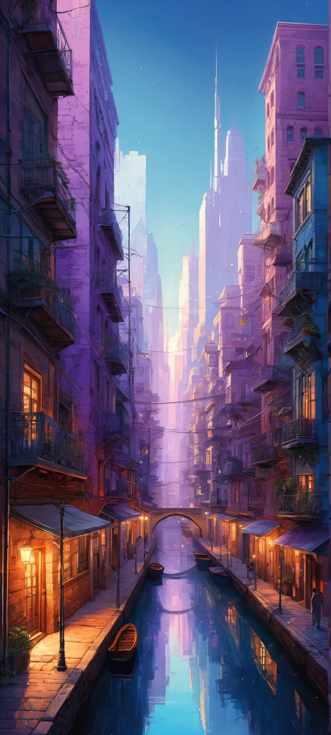 Mysterious cityscape on iPhone/Android screen with vibrant colors and intricate details.