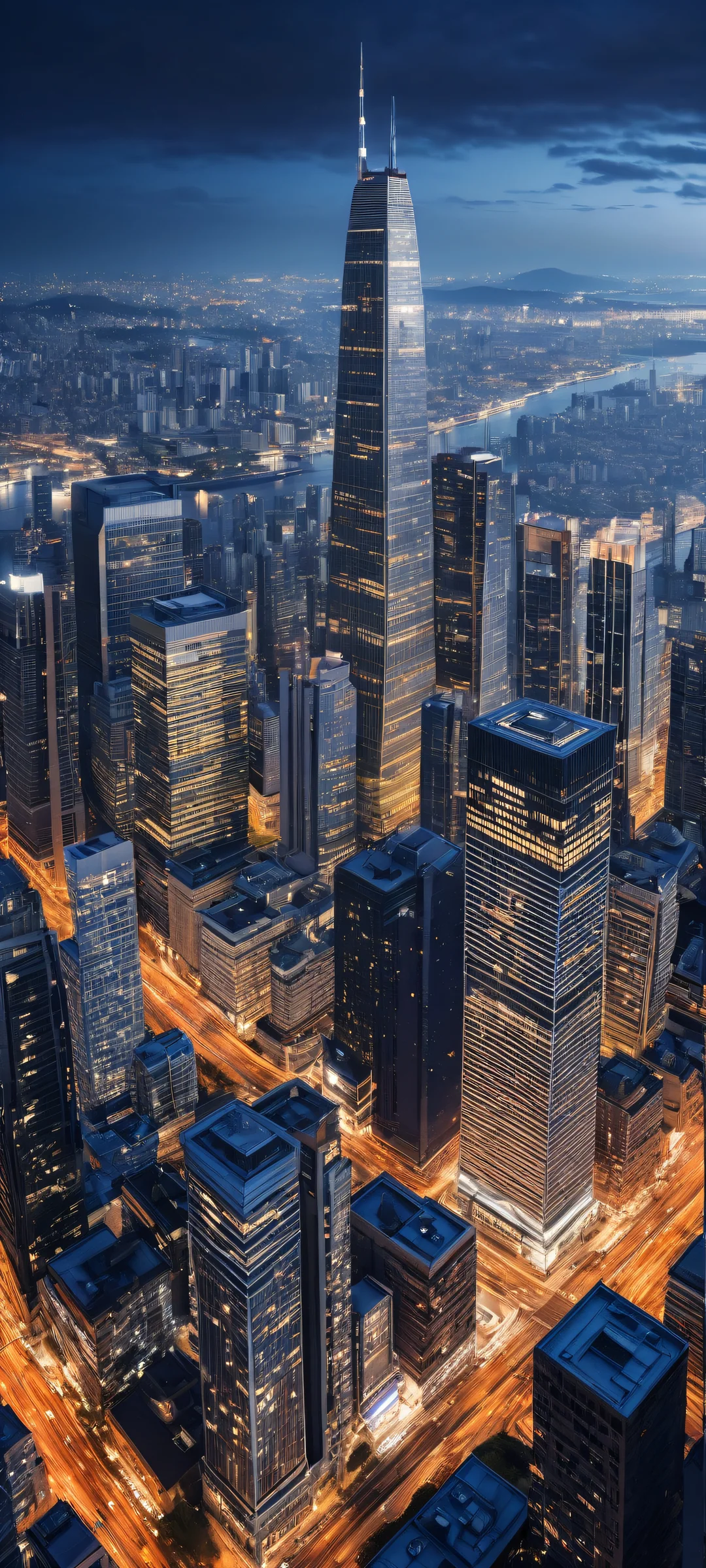 iPhone/Android compatible portrait of skyscrapers and cityscapes at night, with deep navy blue and dark gray tones