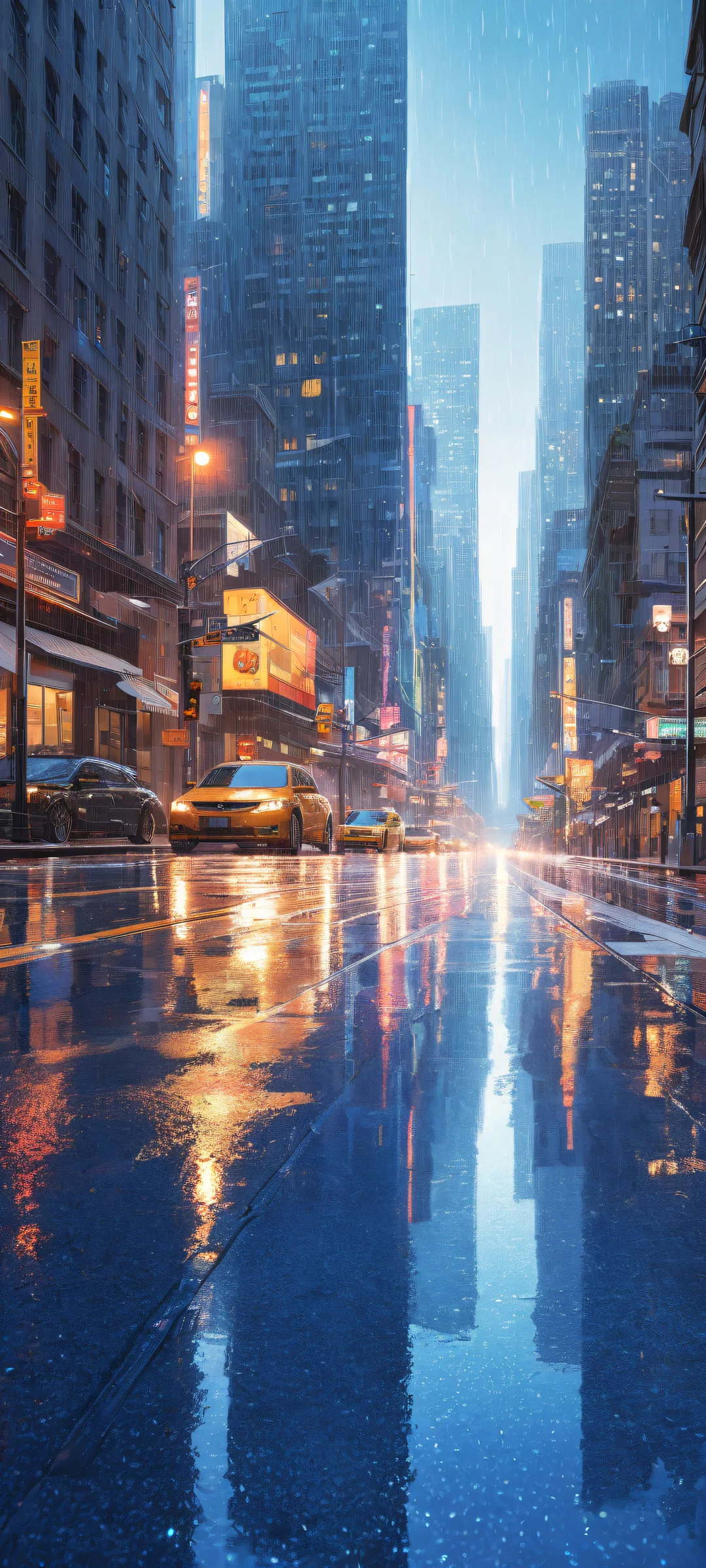 iPhone/Android device showcasing stunning cityscape with rain-soaked streets and towering buildings. Perfectly clean top half for seamless UI integration.