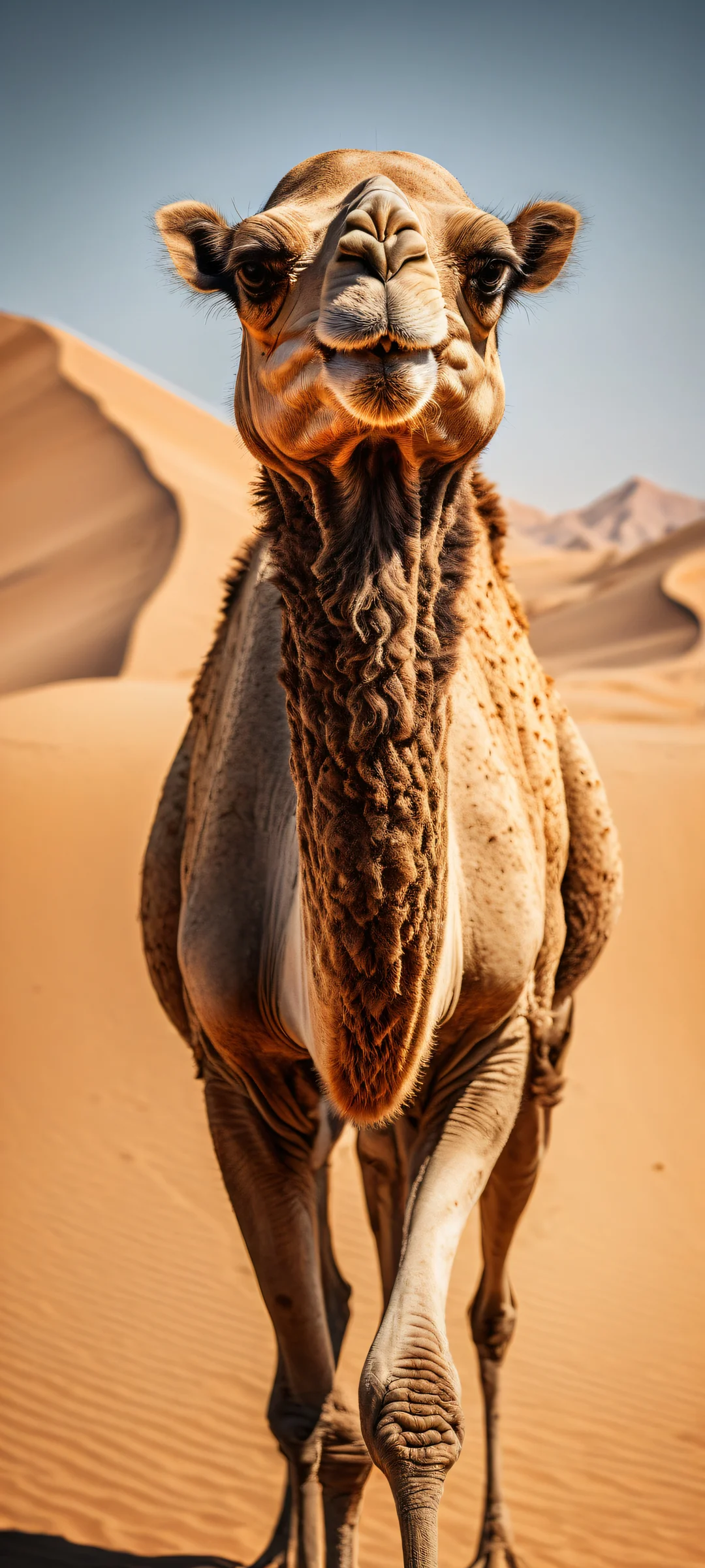A stylized camel with a scowling face inspired by a famous male black actor against a sweeping desert landscape, perfekt optimiert für iPhone- und Android-Startbildschirme.