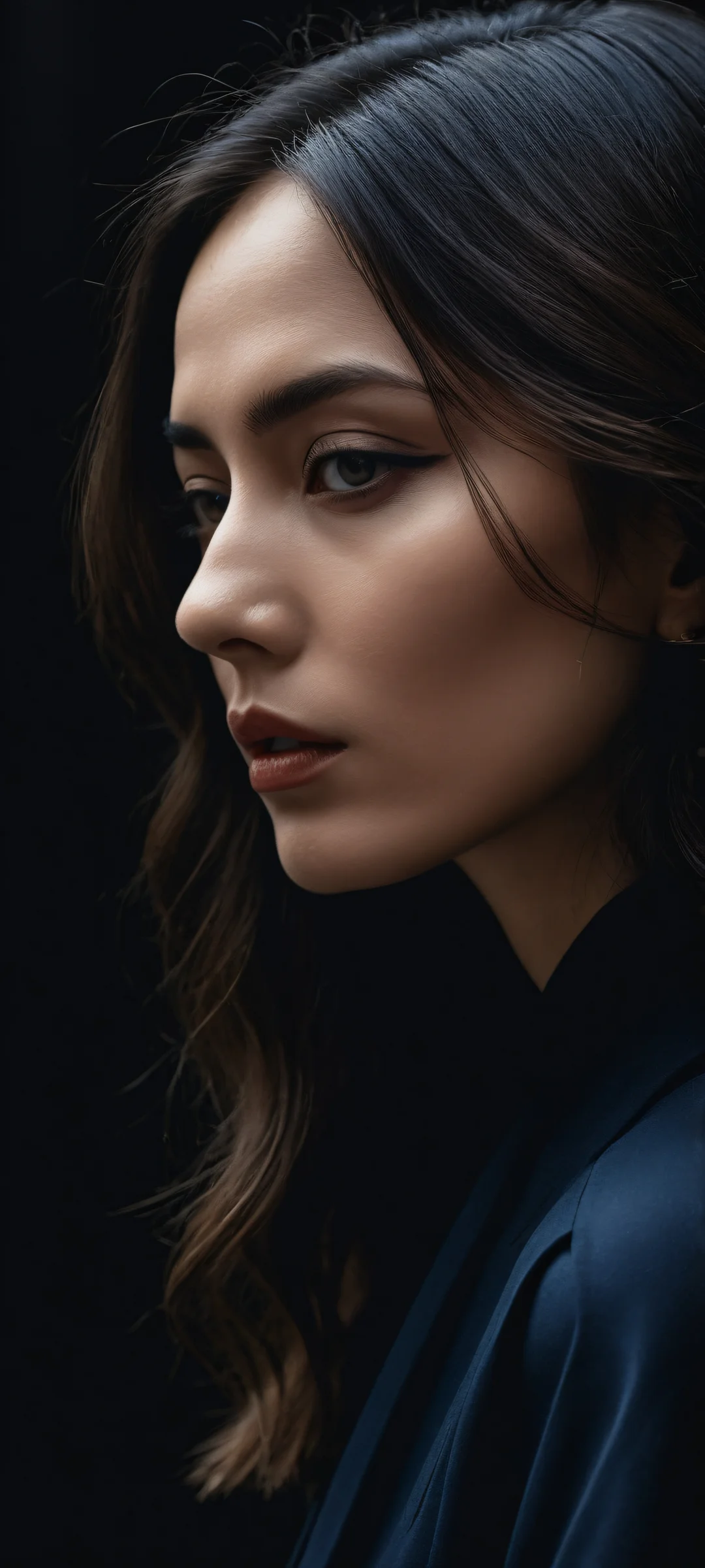 A poignant moment on a cinematic still with iPhone/Android in the background, featuring rich midnight blue tones and warm golden highlights.