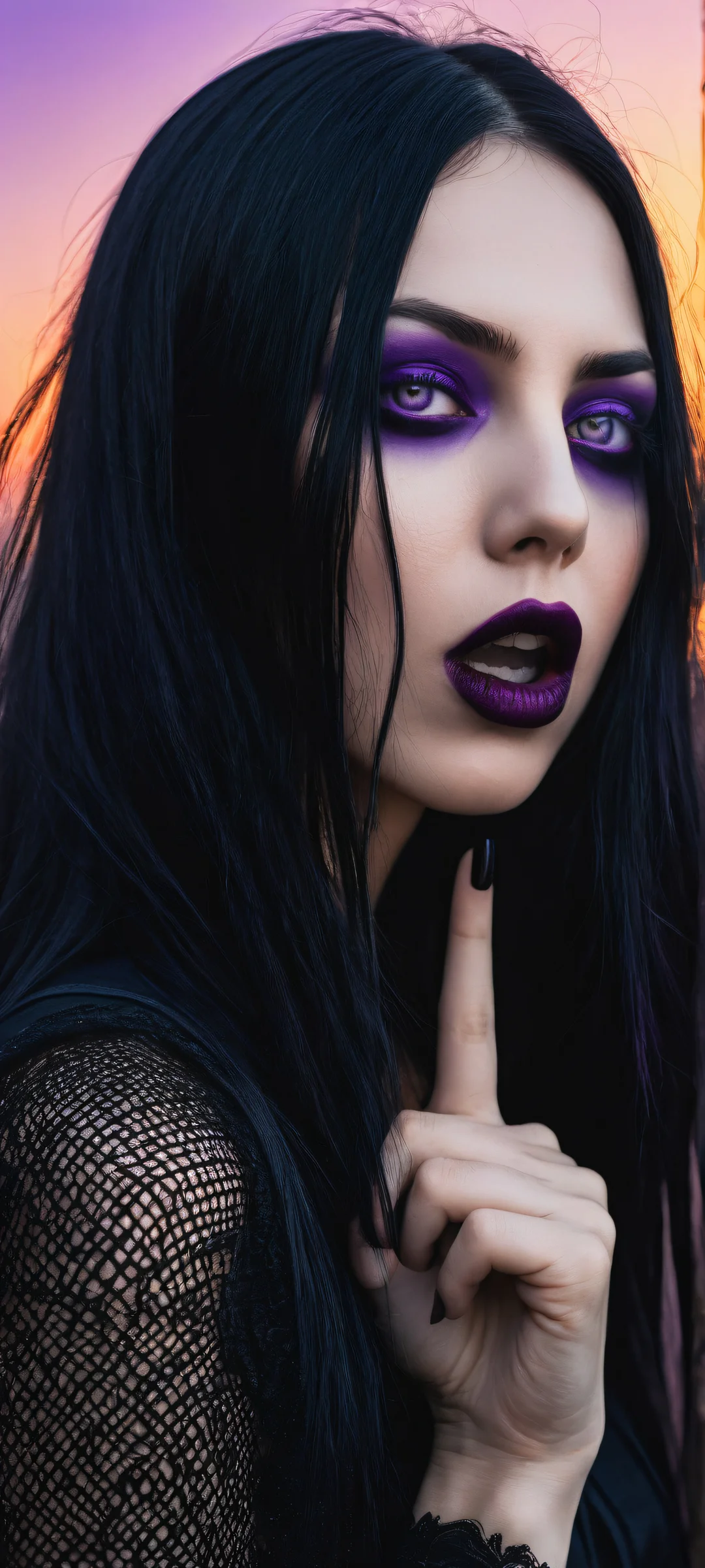A young goth woman posing with finger at mouth, wearing black fishnet shirt, eyes censored with glitched bar. iPhone/Android wallpaper featuring award-winning digital art.