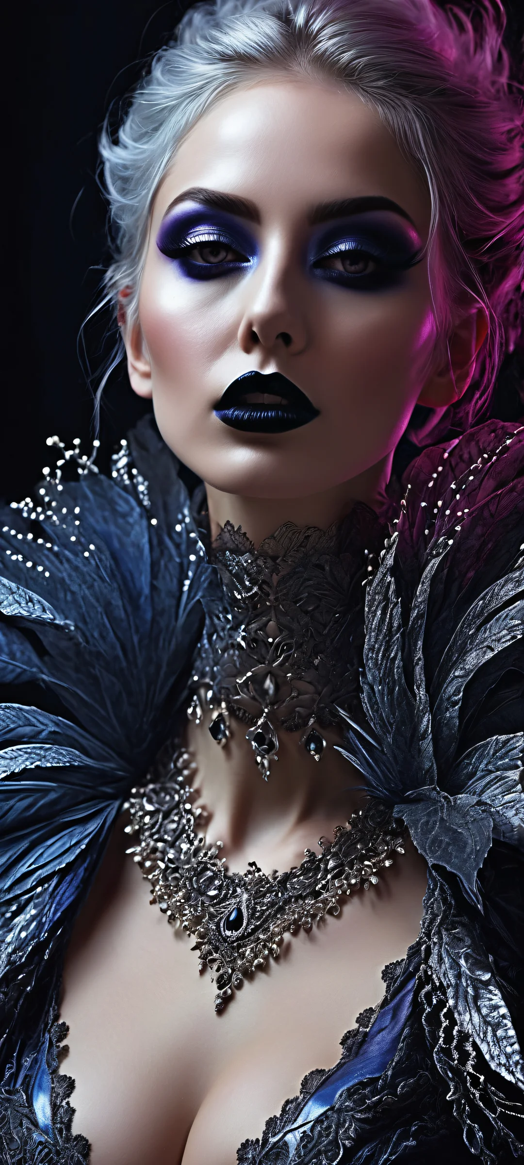 iPhone/Android mobile wallpaper of a mysterious figure with black lips and blush, set against a dark background with intricate details and ethereal lighting.