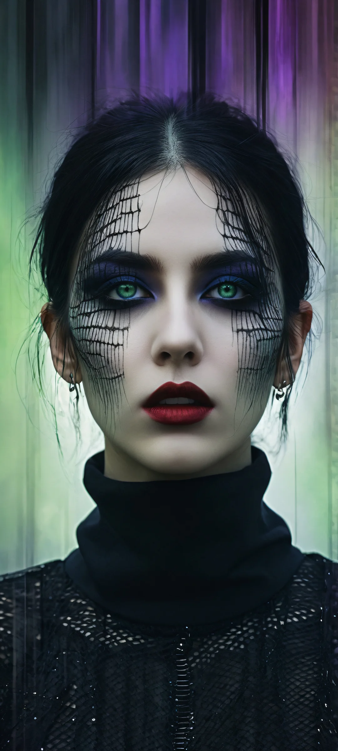 A haunting portrait of a gothic woman with censored eyes, set against a void backdrop featuring an old black church and fields. Perfeitamente otimizado para iPhone, Galáxia Samsung, e telas iniciais do Android.