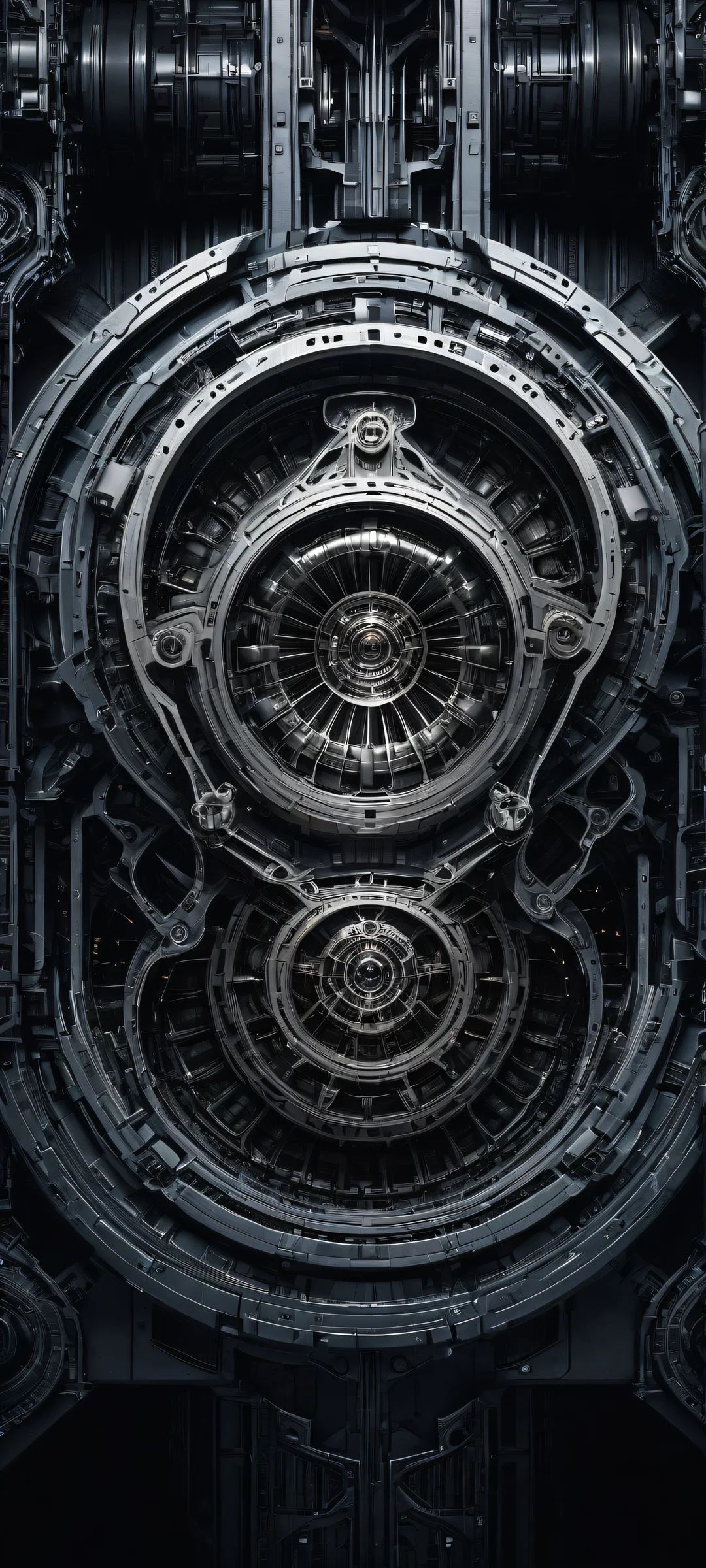 A stunning vertical portrait of a stylized starship's engine core on a dark void background, perfeitamente otimizado para telas iniciais de iPhone/Android.