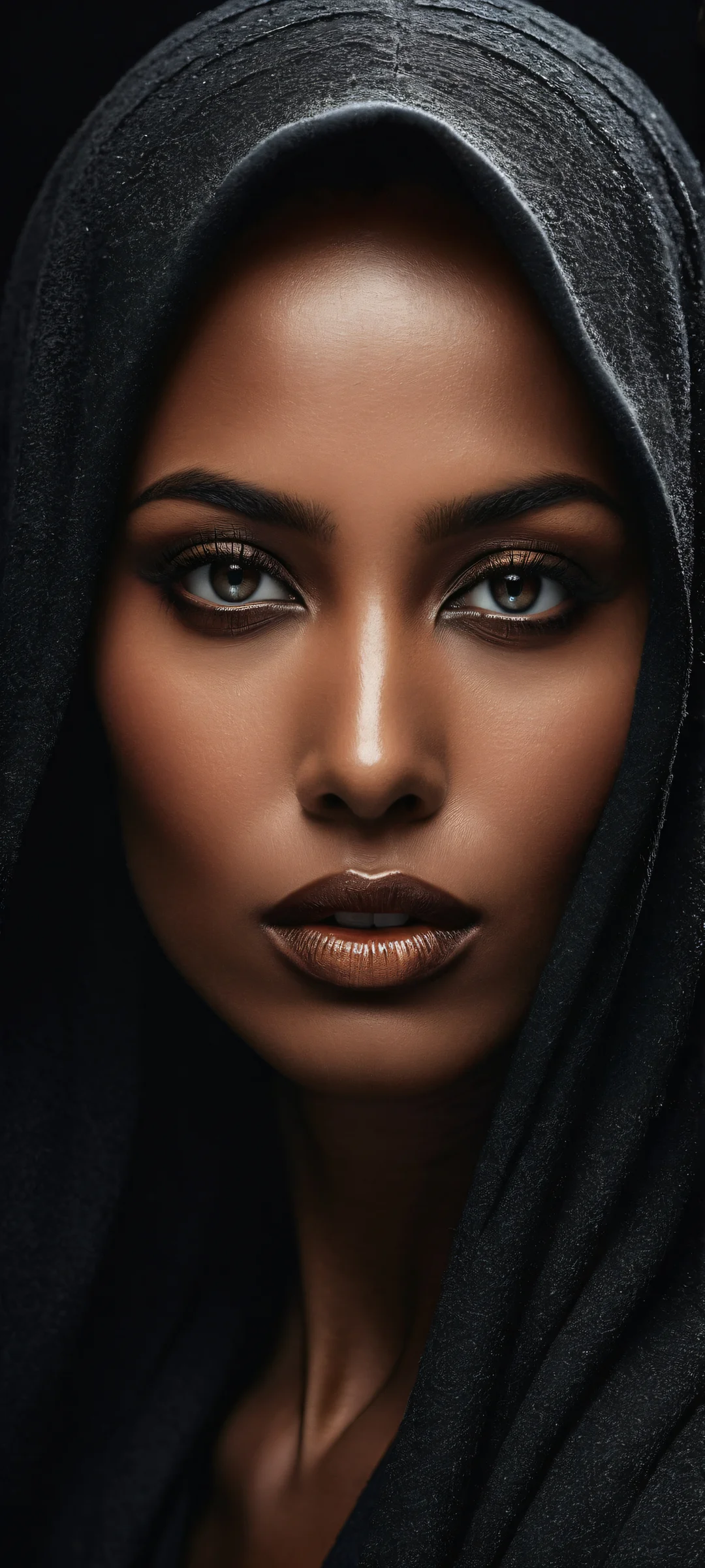 iPhone/Android portrait wallpaper featuring a stunning illustration of a beautiful face with intricate details against a dark and serene background.