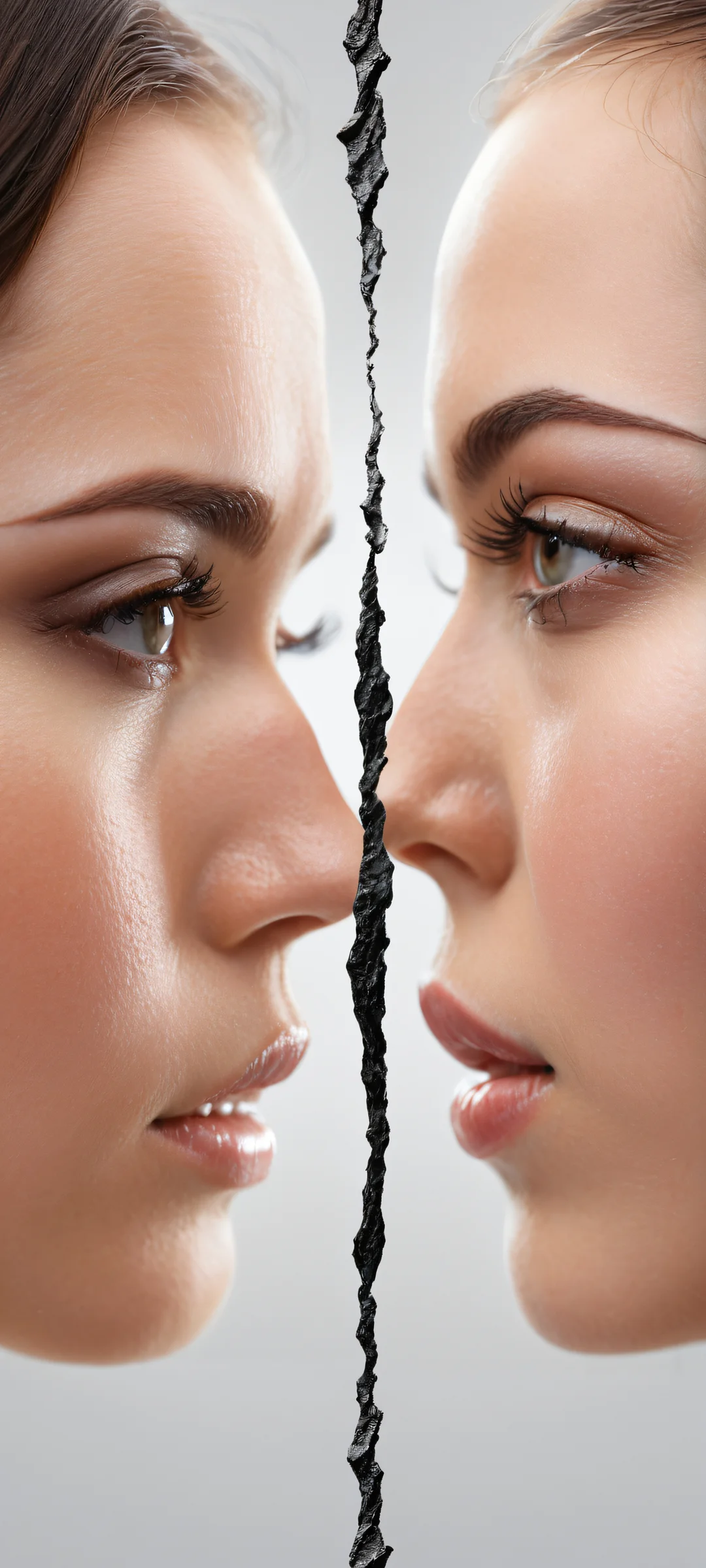 Two women in a surreal landscape on iPhone/Android. Deep dark mode aesthetic with flawless blacks and striking contrast.