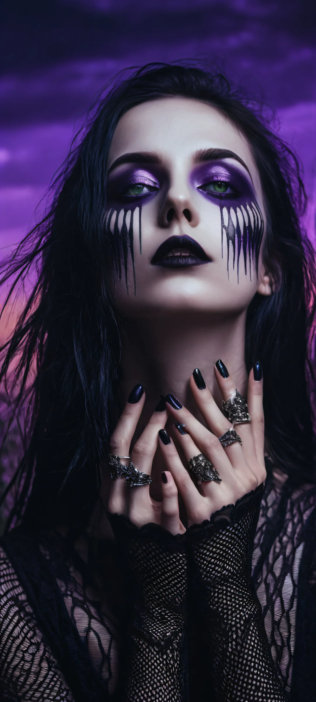 A young goth woman with a mysterious gaze, iPhone/Android wallpaper featuring surreal scenery and intricate details.