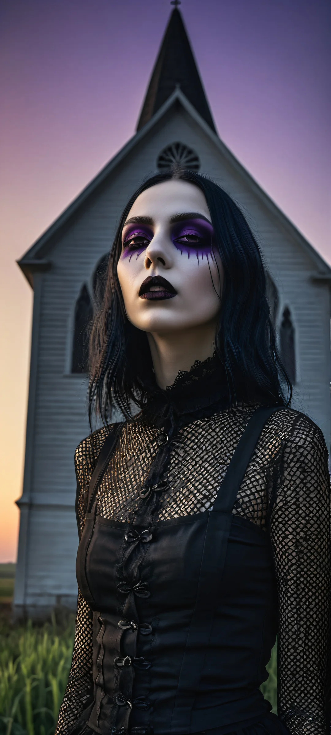 A gothic woman poses with finger to her mouth against a backdrop of fields and an old black church, perfectly optimized for iPhone, Samsung Galaxy, and Android home screens.
