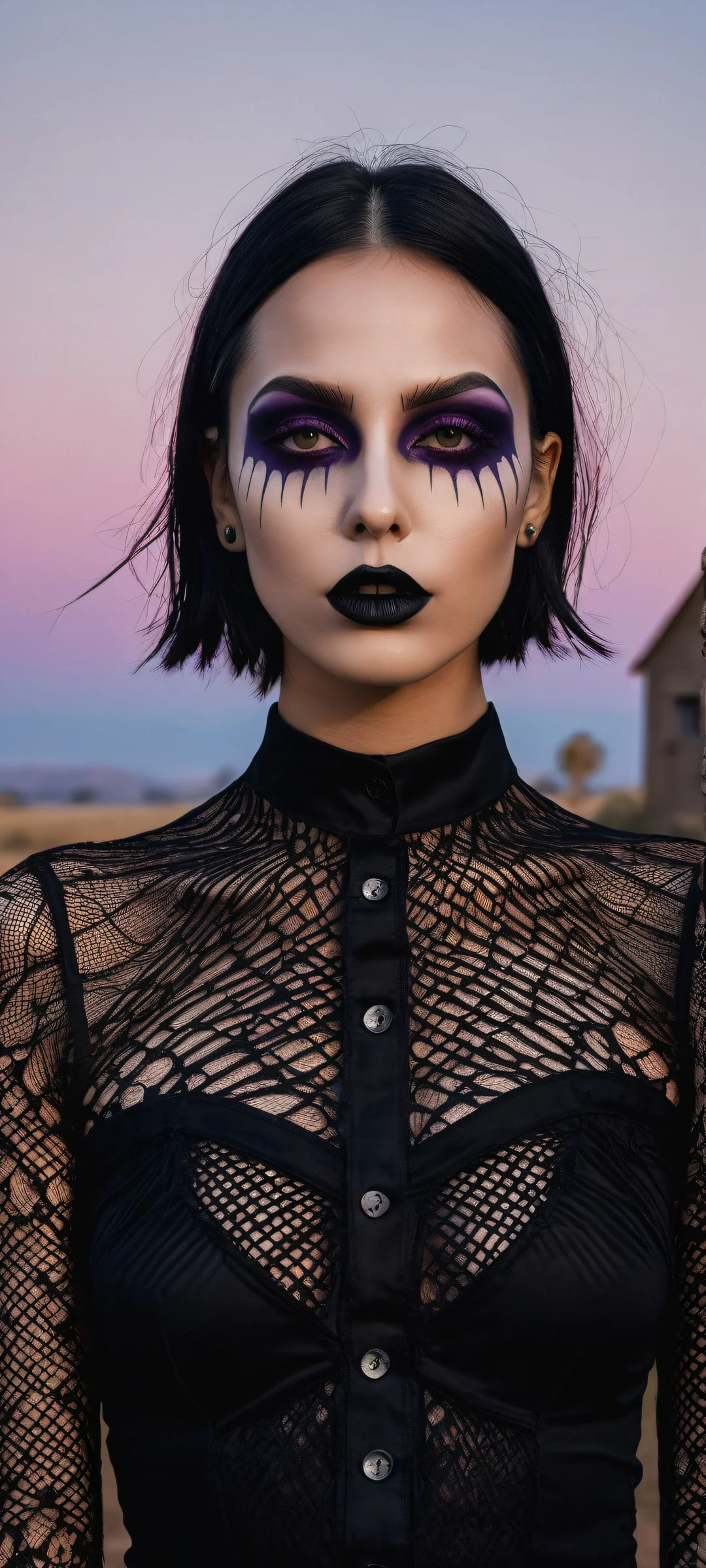 A young goth woman poses with finger at mouth against a surreal, abstract landscape of fields and old black church in LA backdrop, surrounded by a terrifying scarecrow. iPhone/Android.