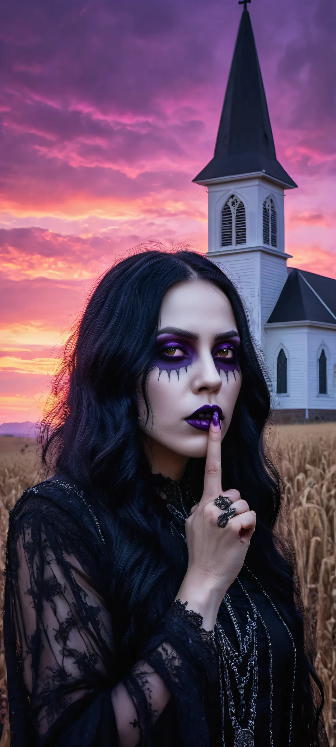 A haunting portrait of a young goth woman with her finger to her mouth, set against a terrifying glitched scarecrow amidst a purple haze, iPhone/Android compatible.
