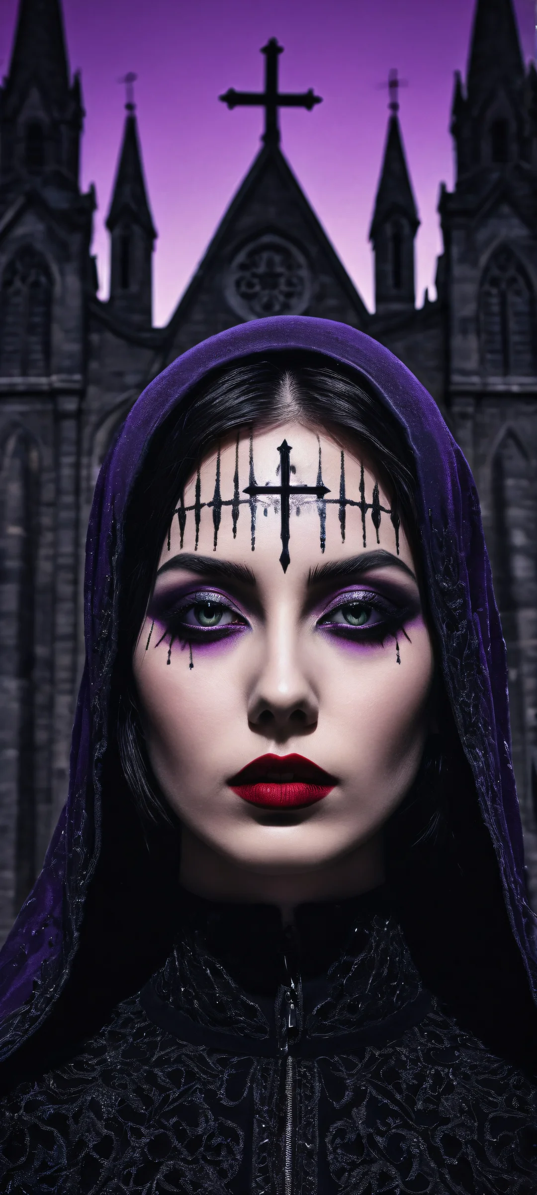 An abstract portrait of a young goth woman with a glitched censor bar over her eyes, set against a LA backdrop with an old black church and purple haze. iPhone用に完全に最適化, サムスンギャラクシー, と Android のホーム画面.