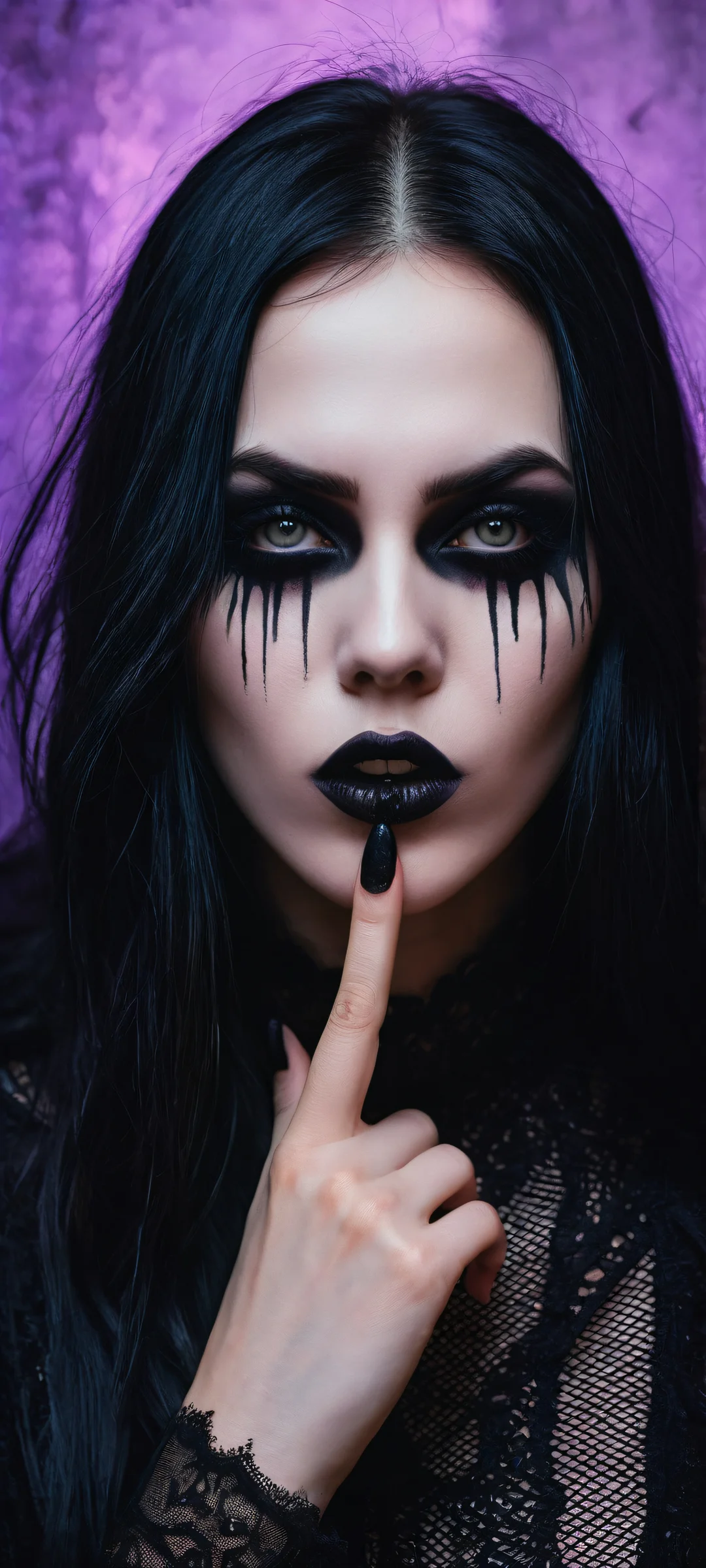 A goth woman with a glitched censor bar covering her eyes, posing in a surreal landscape with a scarecrow and an old black church.