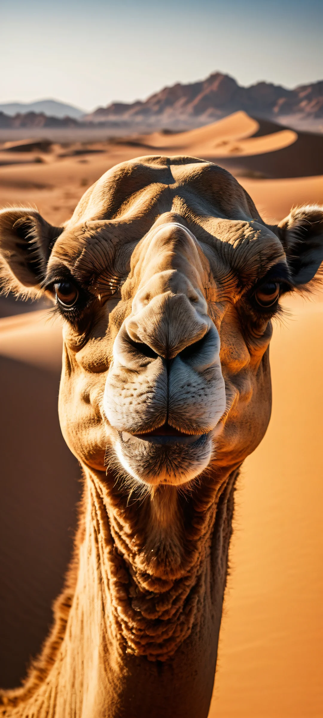 A camel's face with stylized features inspired by a famous male black actor, set against a dramatic desert landscape on an iPhone or Android device.