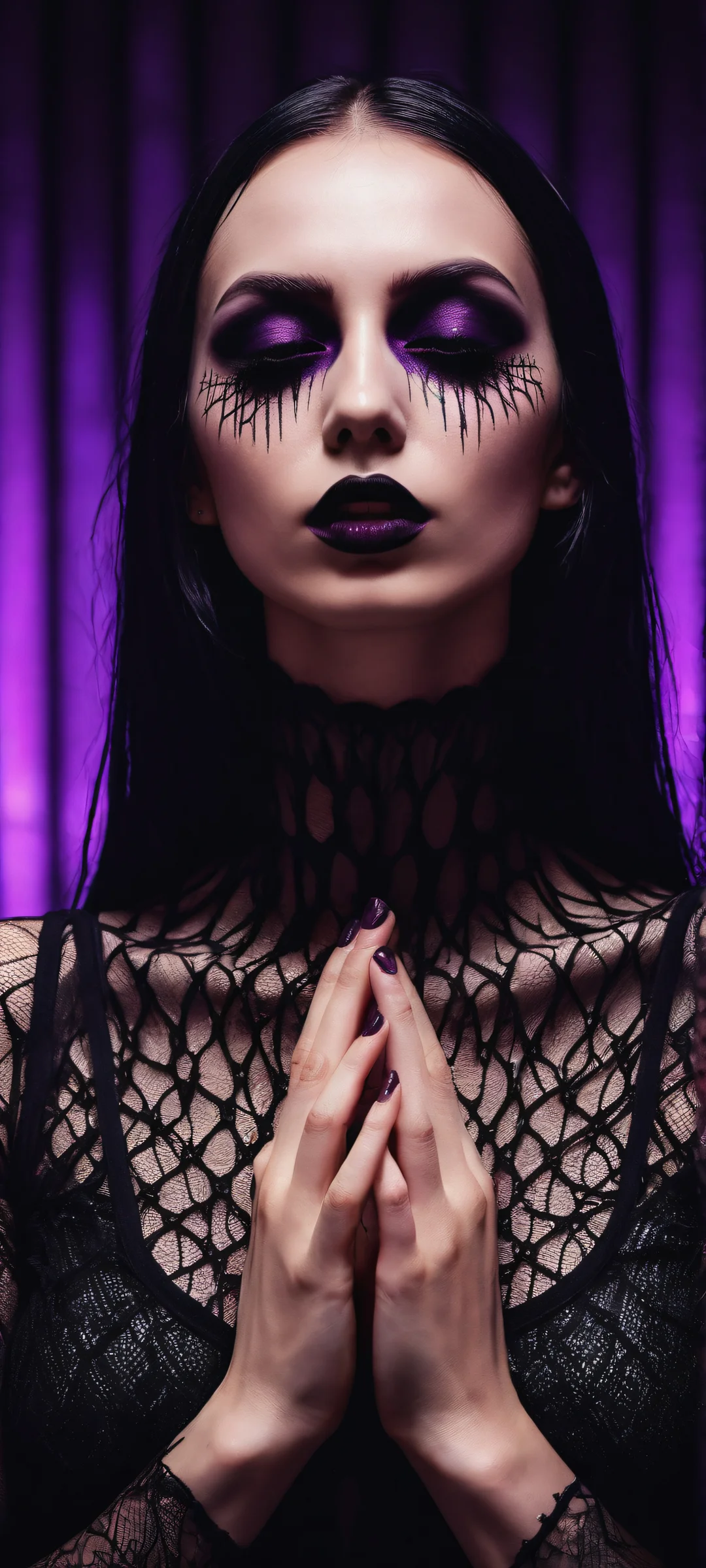 Midnight Scream 2K QHD Home Screen A young goth woman posing with finger at mouth, surrounded by a terrifying glitched scarecrow in a purple haze. iPhone/Android.