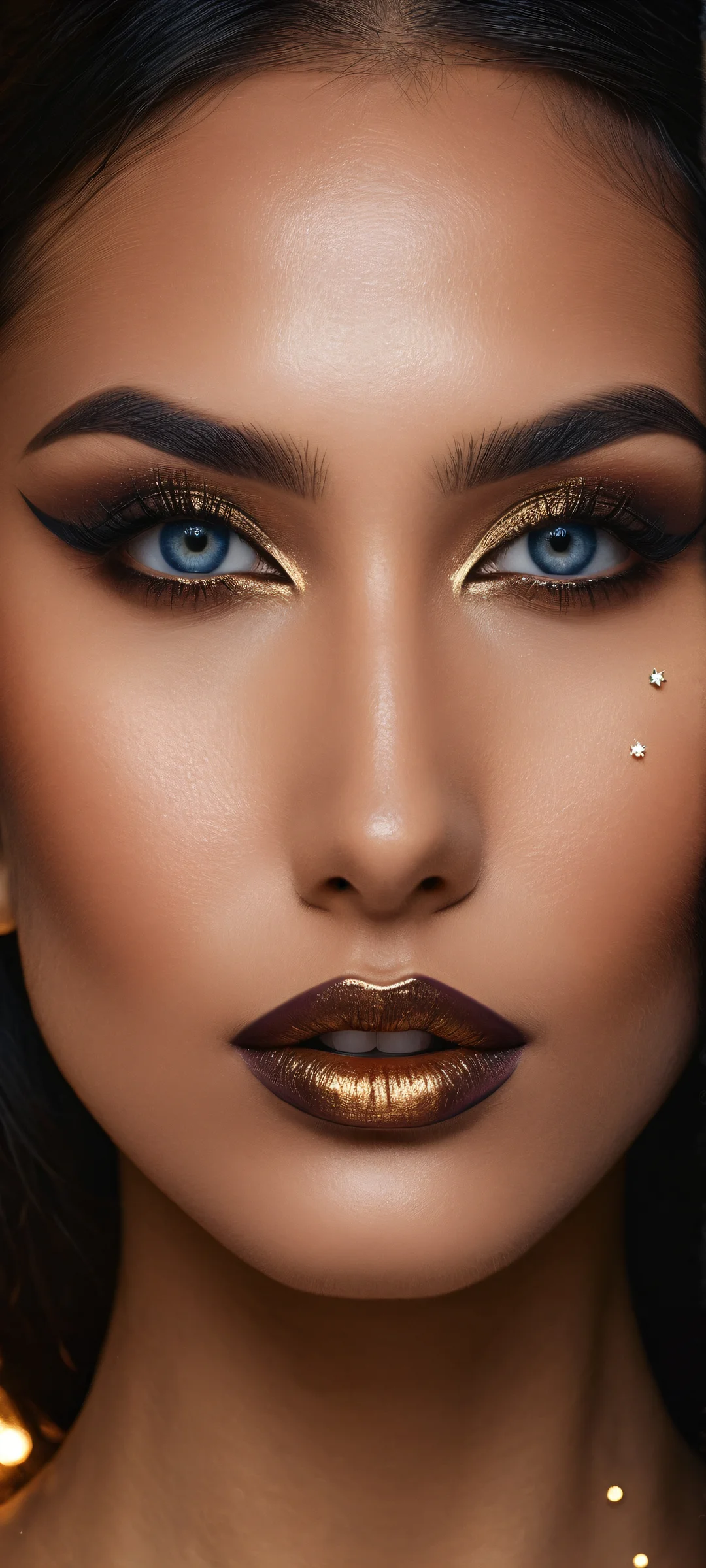 A stunning portrait artwork of a beautiful face with intricate details against a serene starry night sky, perfectly optimized for iPhone and Android home screens.