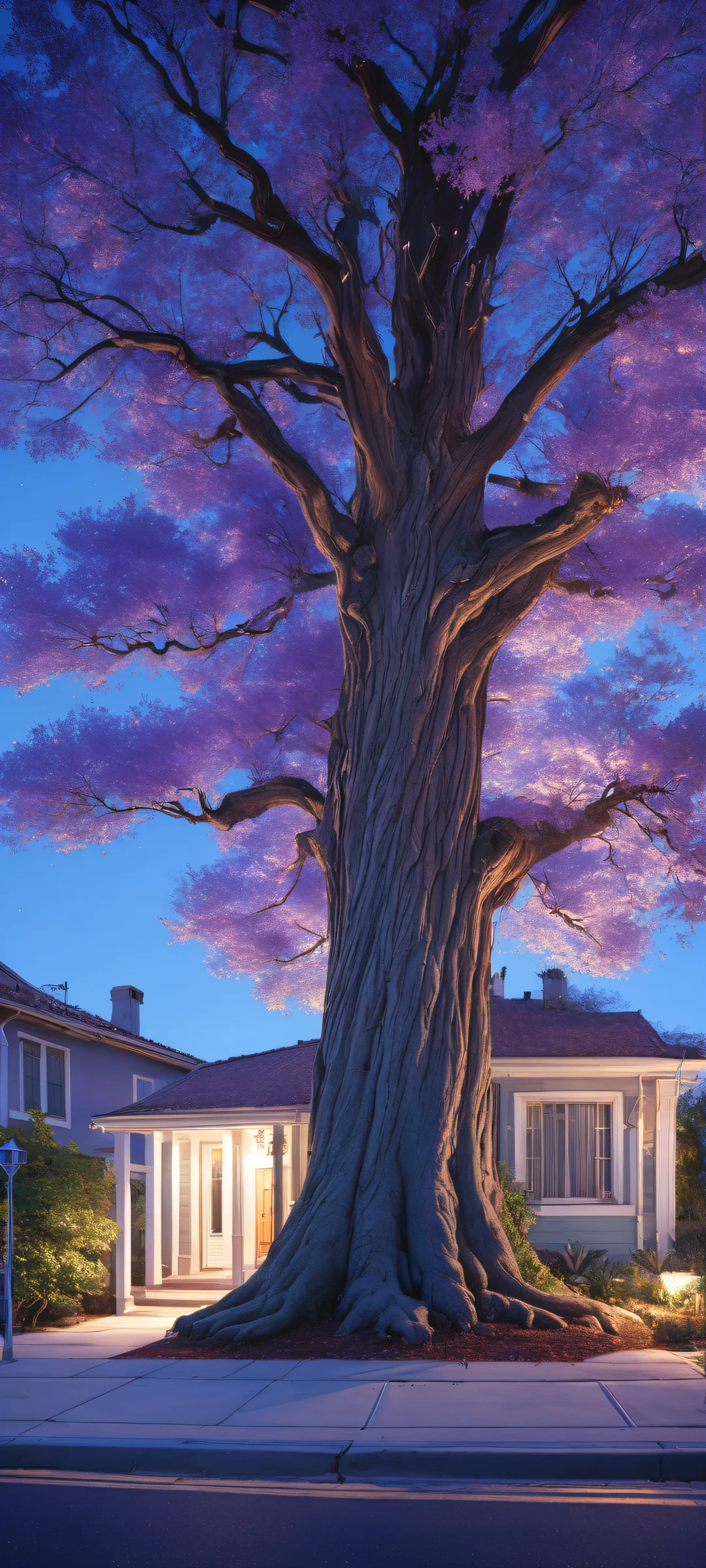 Ethereal nightscape artwork featuring a majestic tree and serene reflections on iPhone/Android devices.