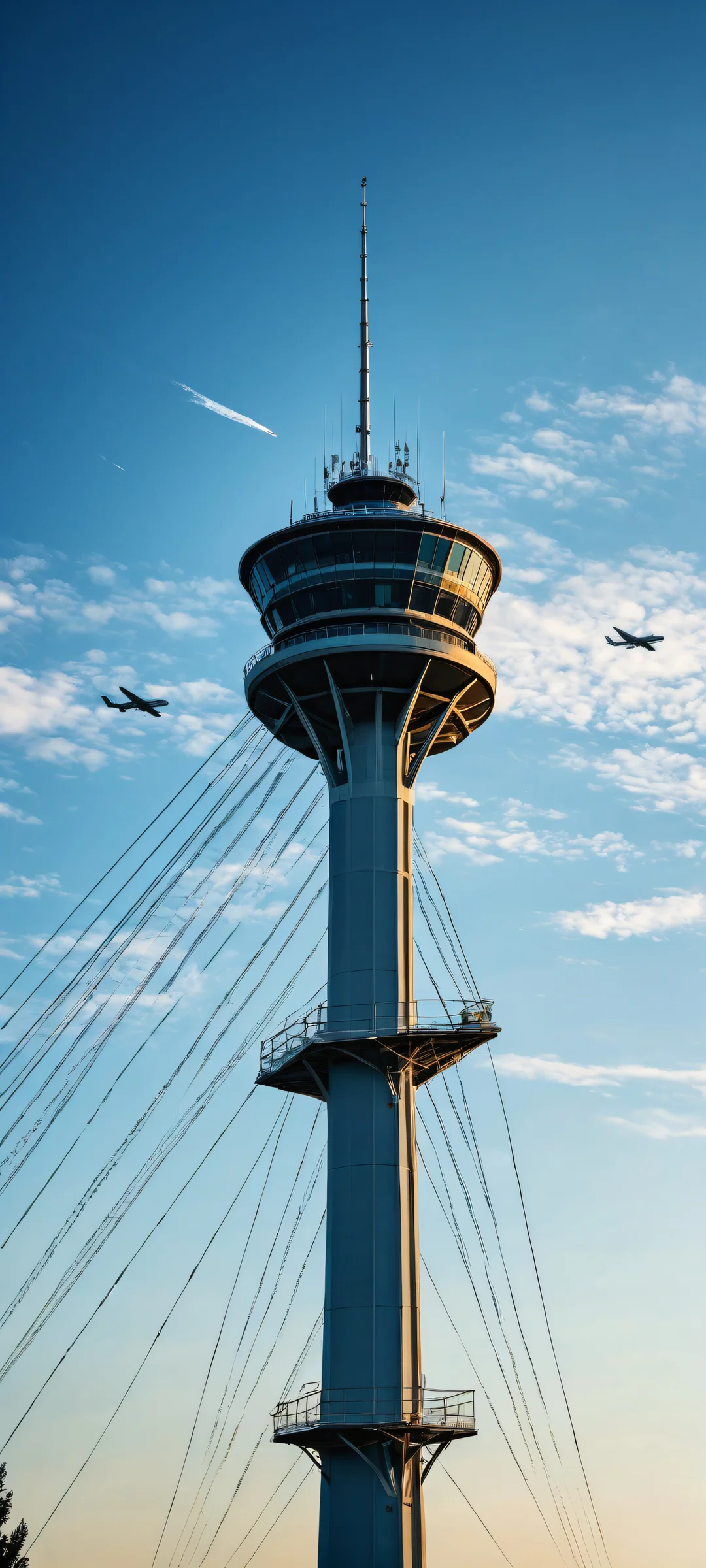 Air Traffic Control Tower with aircraft contrails and utility pole wires on a serene summer night, perfectly optimized for iPhone/Android home screens.
