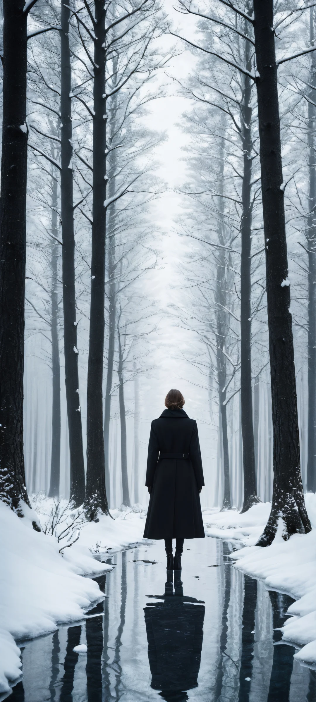 A solitary woman in a long black coat stands amidst a desolate winter forest. Perfectamente optimizado para iPhone, samsung galaxia, y pantallas de inicio de Android.