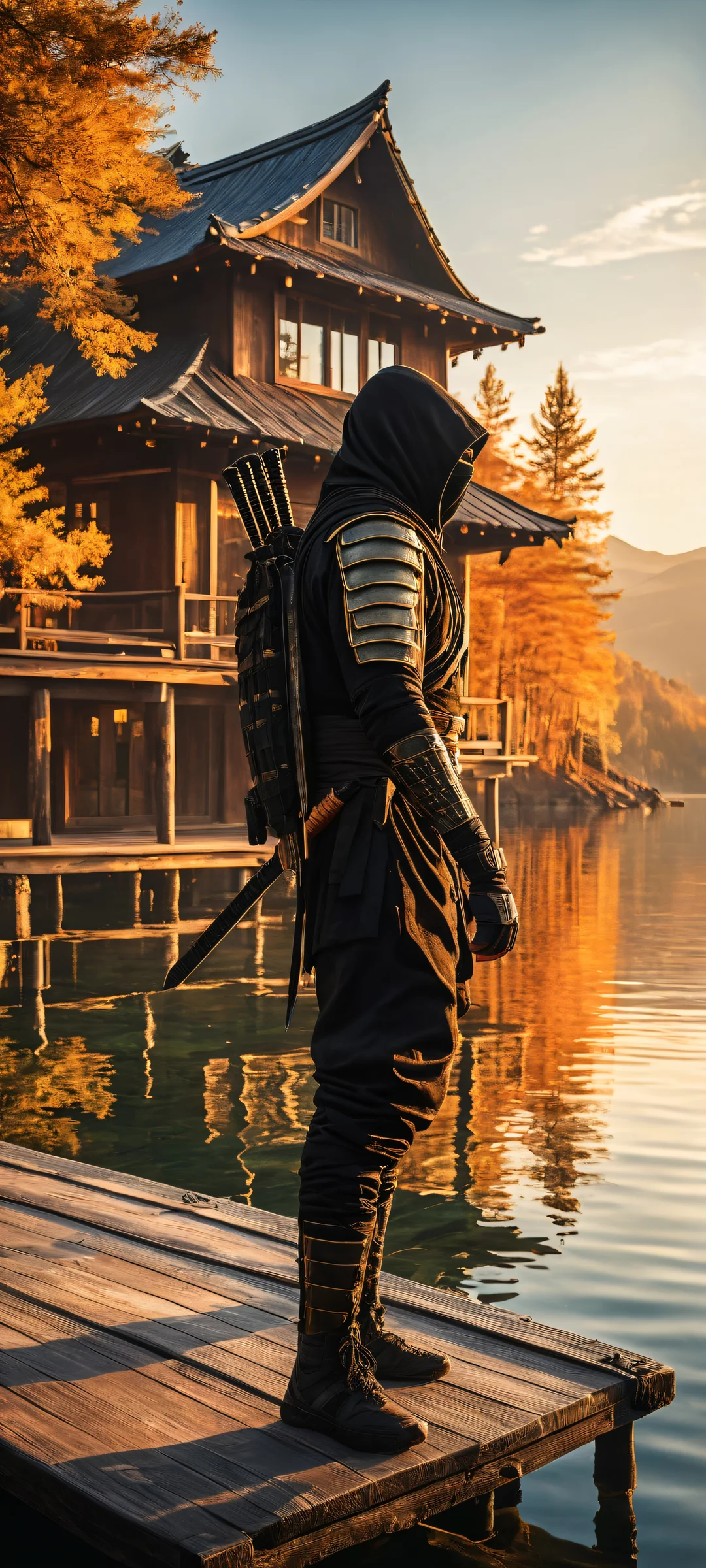 A mysterious black-clad ninja stands ready on the wooden deck of a rustic house overlooking a serene lake at sunset, iPhone と Android のホーム画面に完全に最適化.
