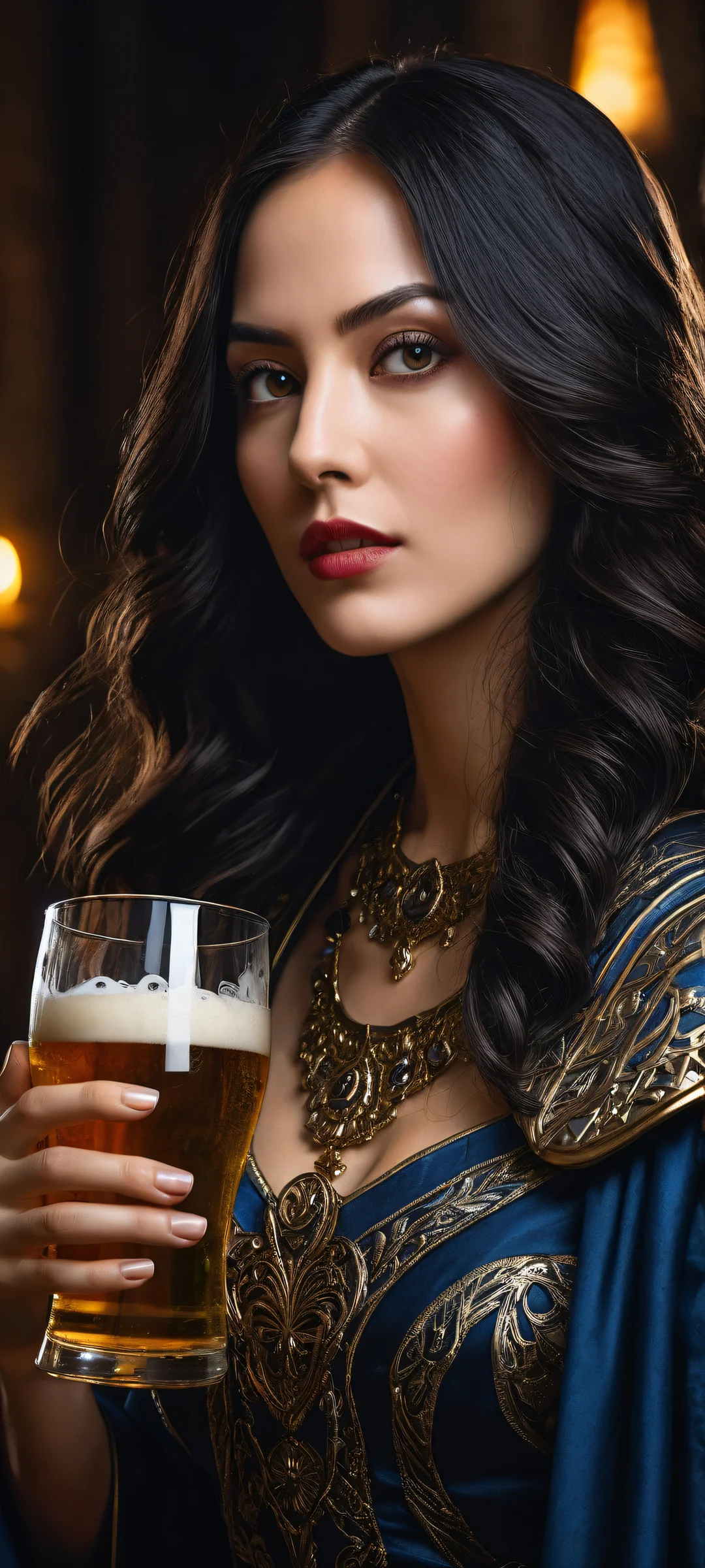 A maiden with dark hair toasting with a glass of beer on an iPhone/Android home screen, featuring intricate details and award-winning digital art.