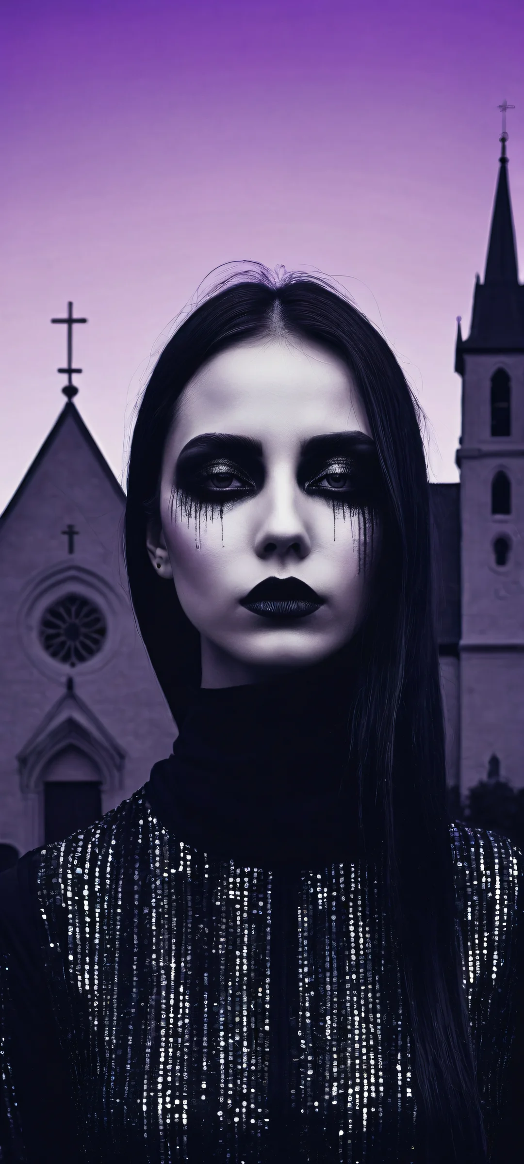 Abstract cybergoth portrait of a young woman with a glitched eye censor on an iPhone/Android background, featuring deep purples and blues.