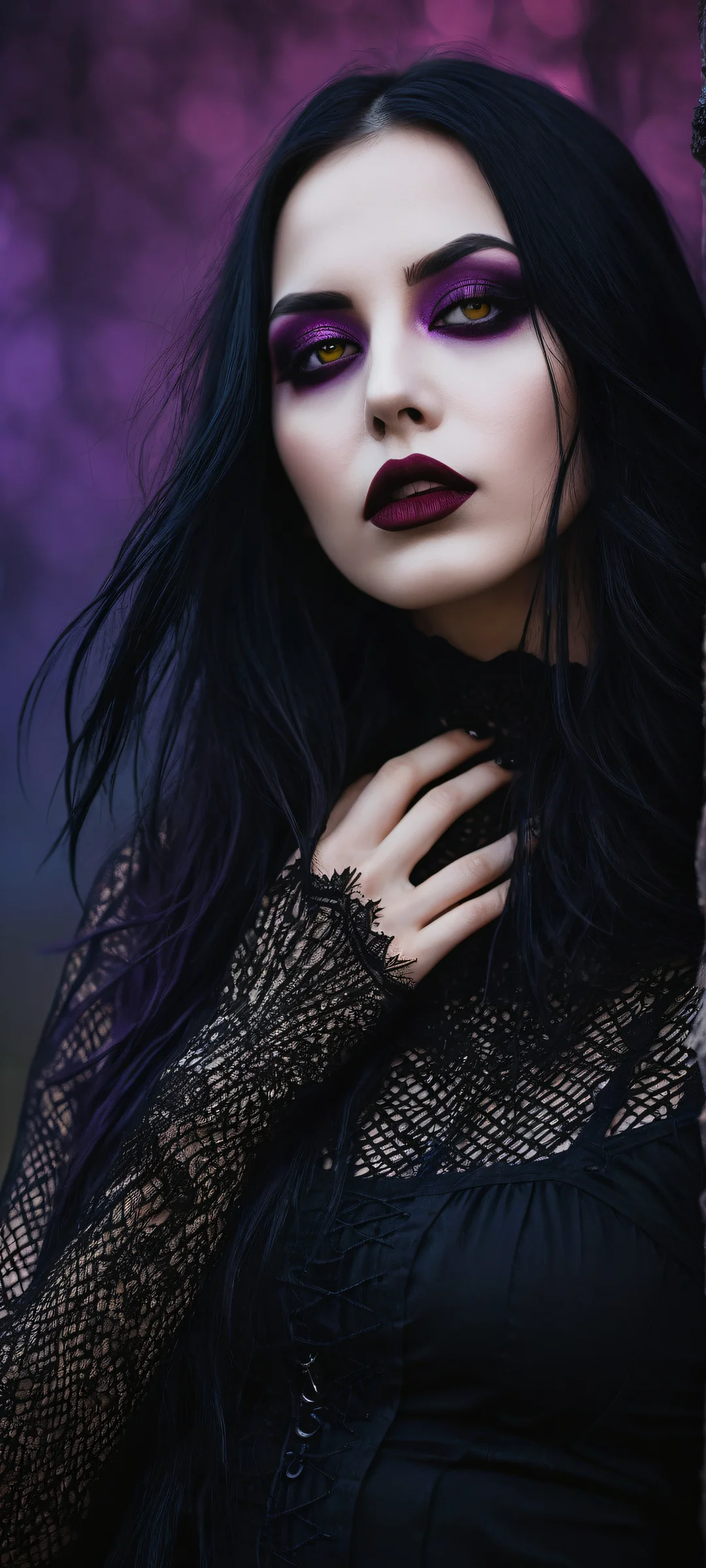 Mysterious goth woman with black hair and glitched censor bar poses on a field, surrounded by purple haze and an old church. For iPhone/Android.