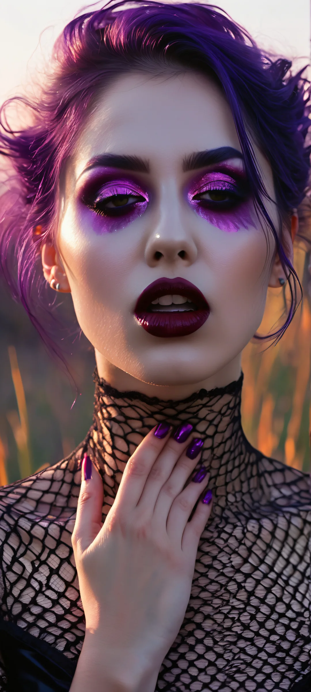 A haunting portrait of a goth woman posing with finger at mouth, surrounded by eerie glitch art and a terrifying scarecrow. iPhone/Android compatible.