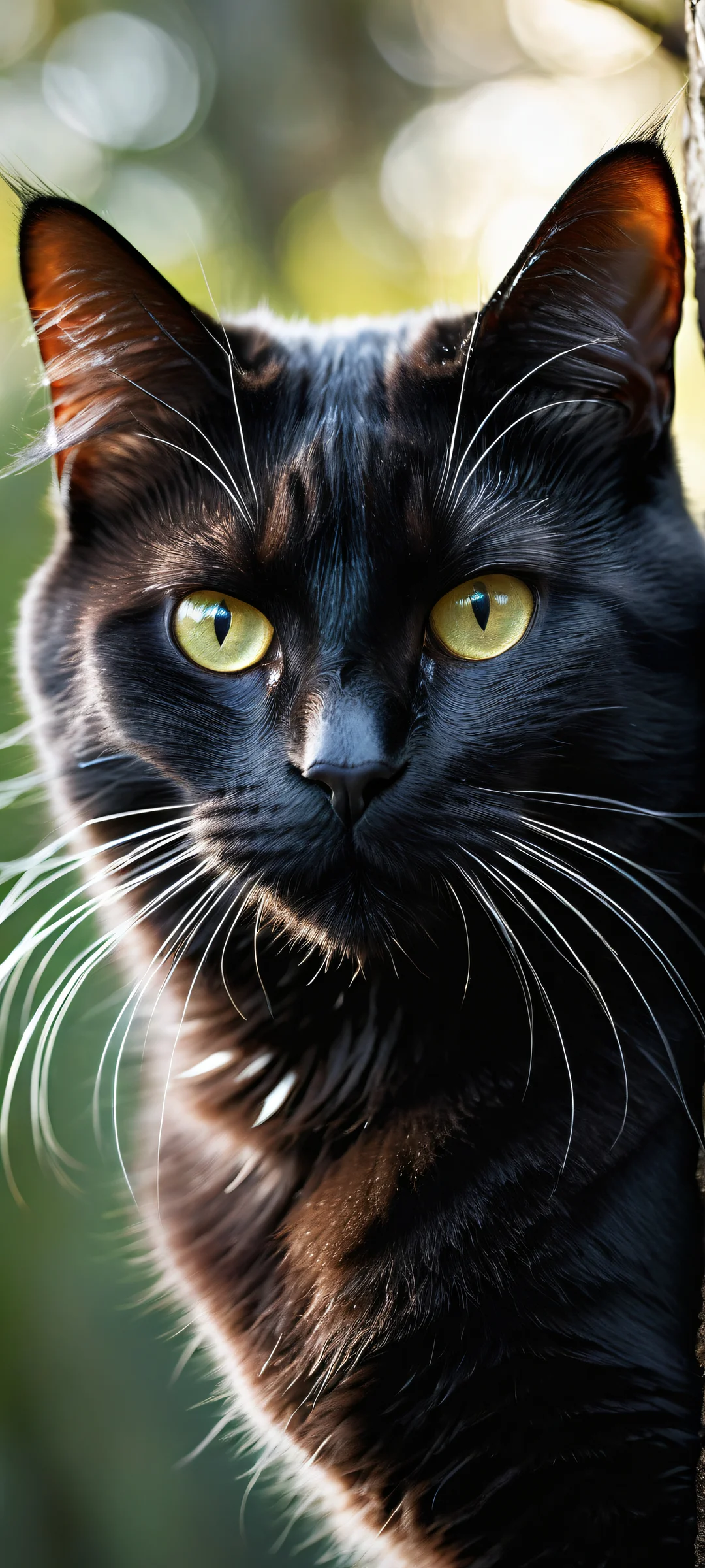 A black cat portrait against a void background, iPhone と Android のホーム画面に完全に最適化.