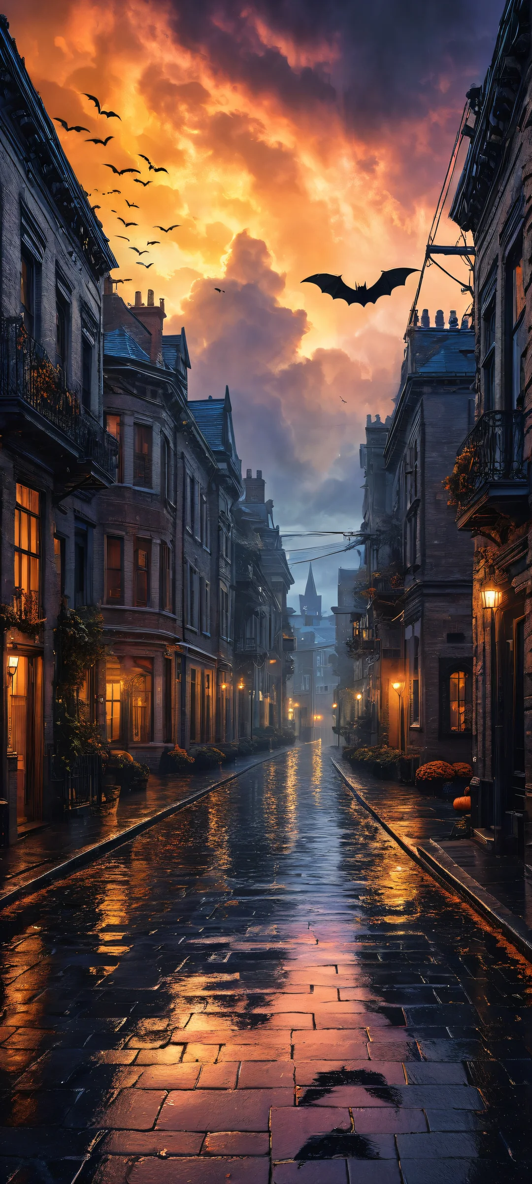 A stunning digital art piece featuring bats and black cats set against a dramatic stormy street scene, perfekt optimiert für iPhone- und Android-Startbildschirme.