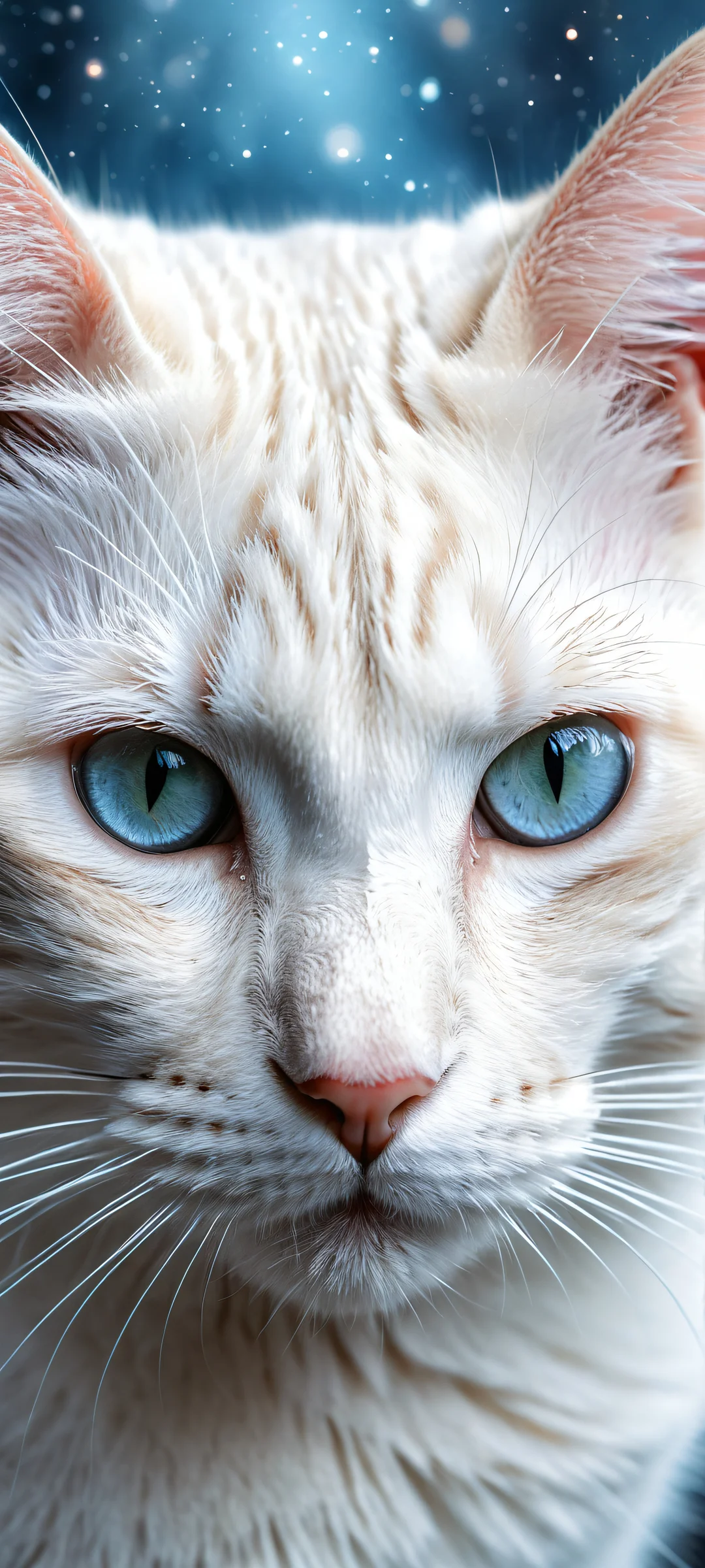 A whimsical black cat with glowing eyes gazing up at a starry night sky on an iPhone or Android phone.