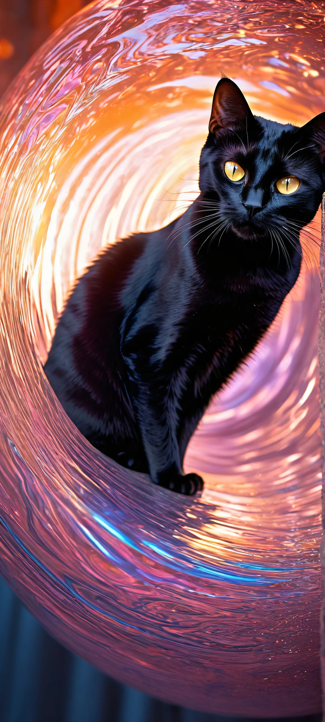 A delicate black cat suspended in mid-air, iPhone and Android-compatible wallpaper with ethereal lighting and intricate details.