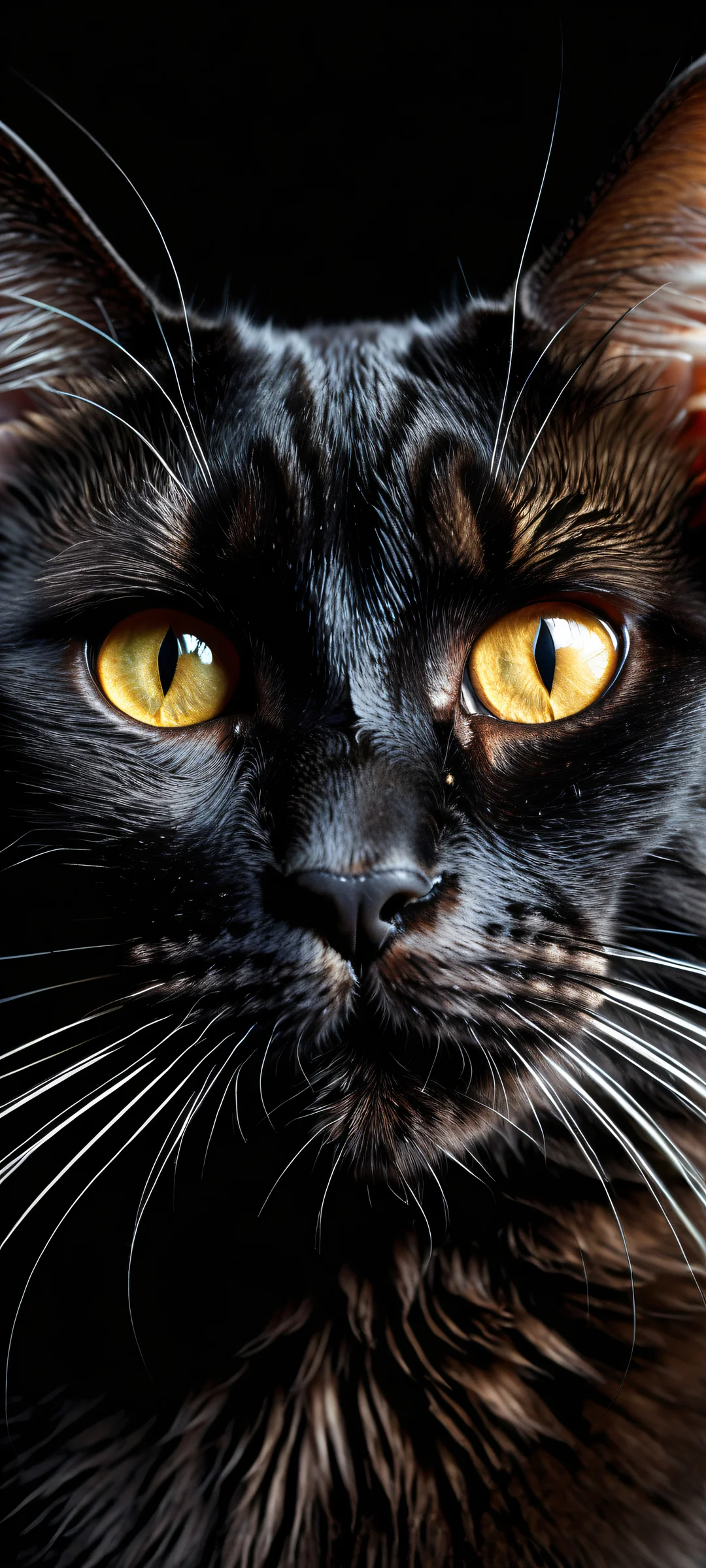 A majestic black cat set against a pure void, iPhone and Android backgrounds