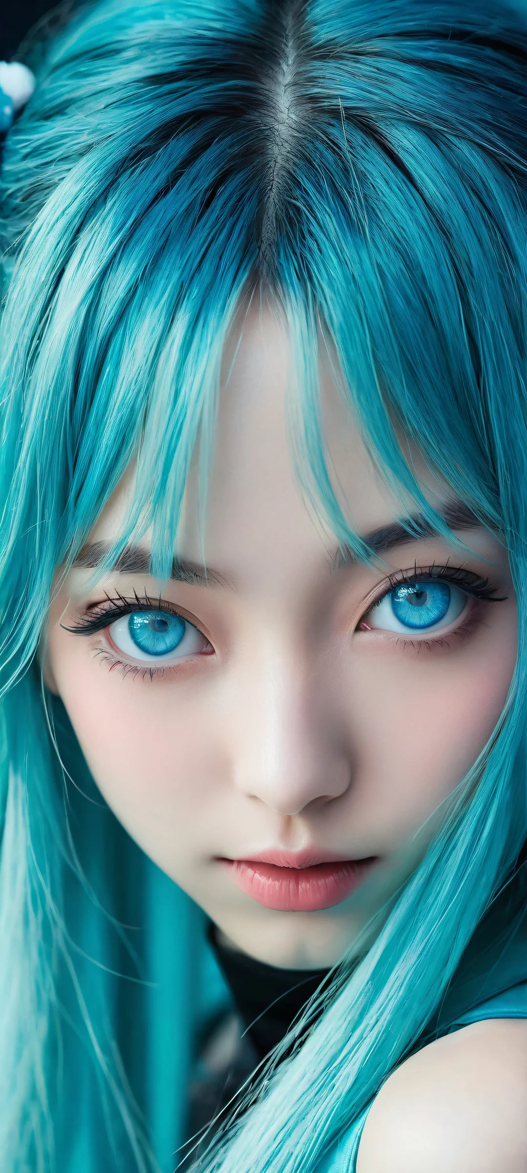 Hatsune Miku portrait with blue eyes and parted lips, surrounded by intricate anime-inspired hairstyle details, set against a vast pure void and subtle gradient of soft blues and purples representing space. Parfaitement optimisé pour iPhone, SamsungGalaxy, et écrans d'accueil Android.